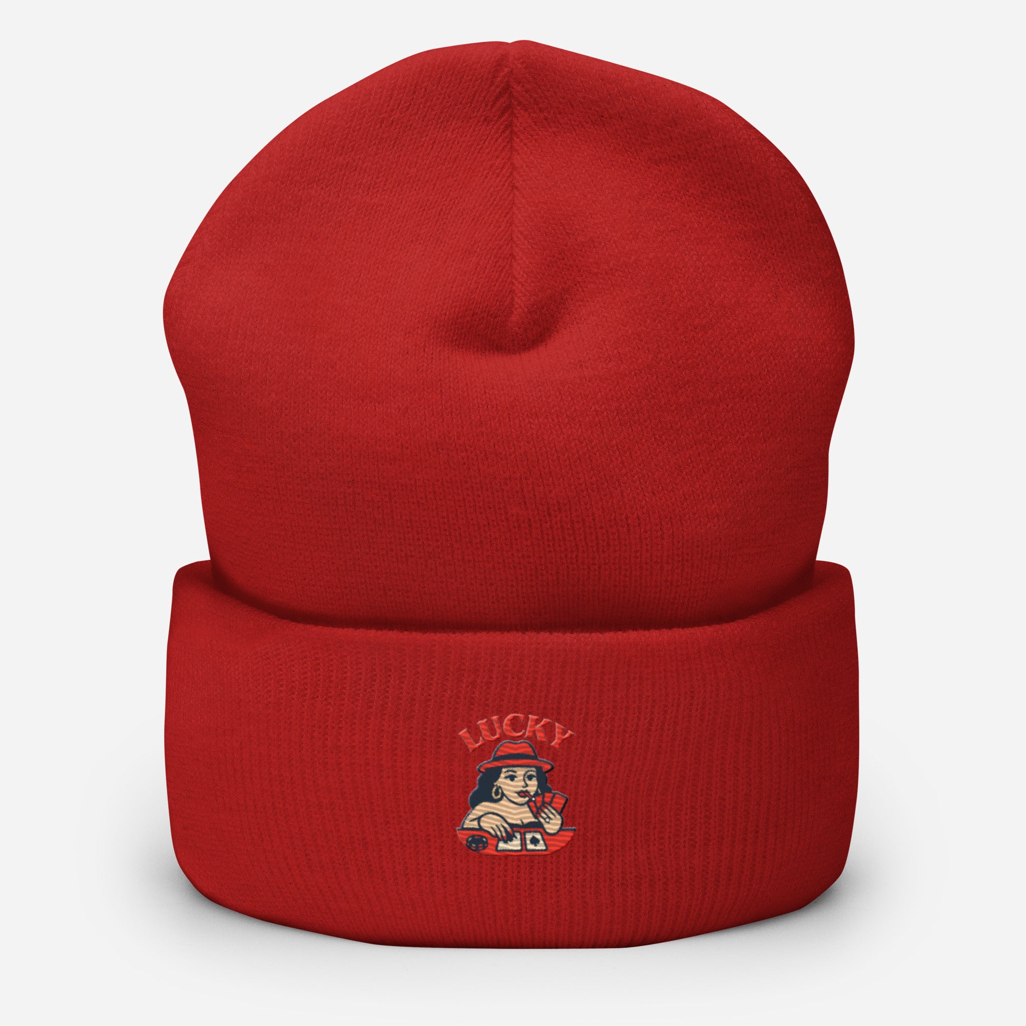 Red beanie with 'Lucky' logo on a white background