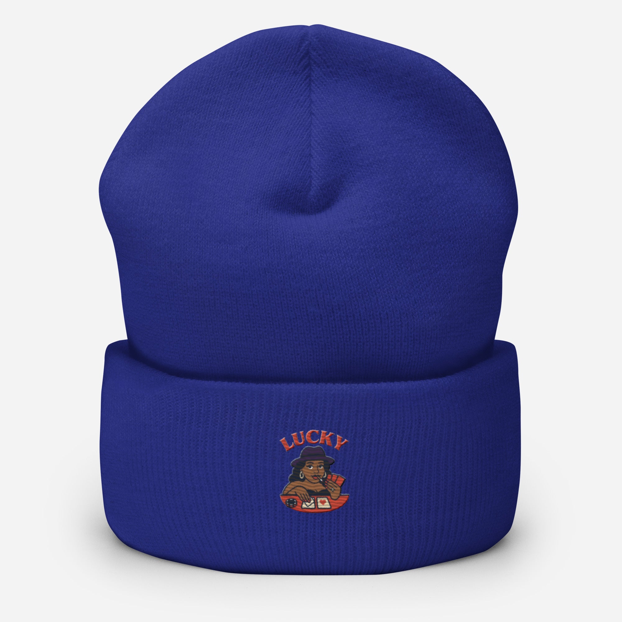 Blue beanie with 'Lucky' logo on a white background