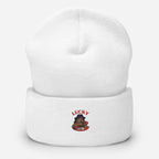 White beanie with a cartoon character and 'Lucky' text on a white background