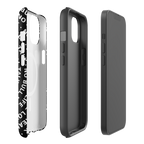 Black phone case with text design on a white background