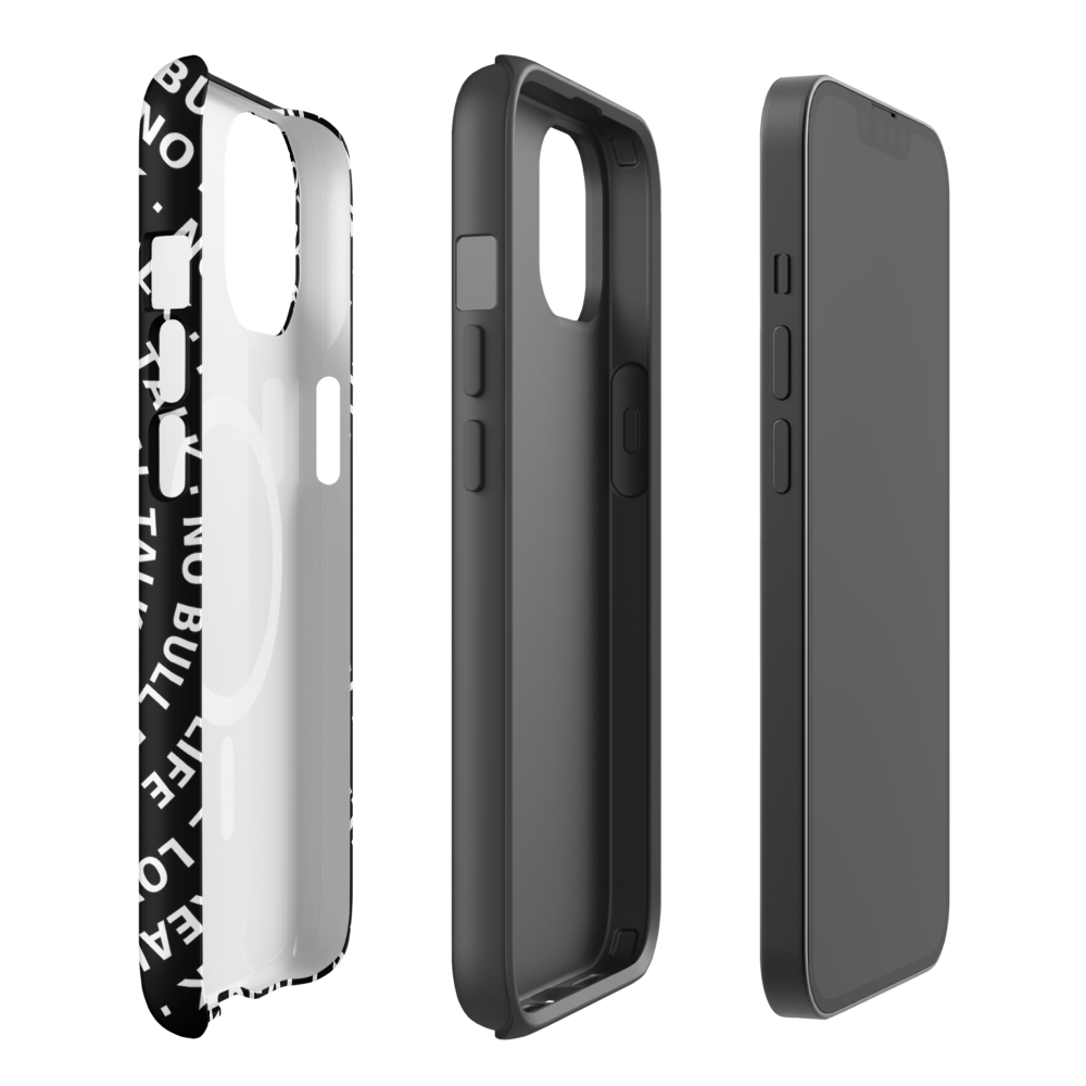 Black phone case with text design on a white background