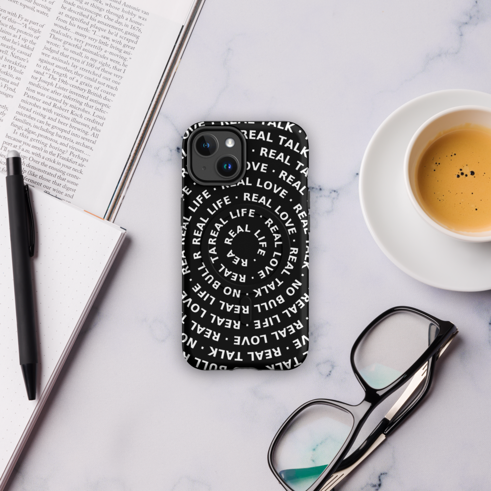 Phone case with text on a marble surface with a cup of coffee, glasses, and pen.