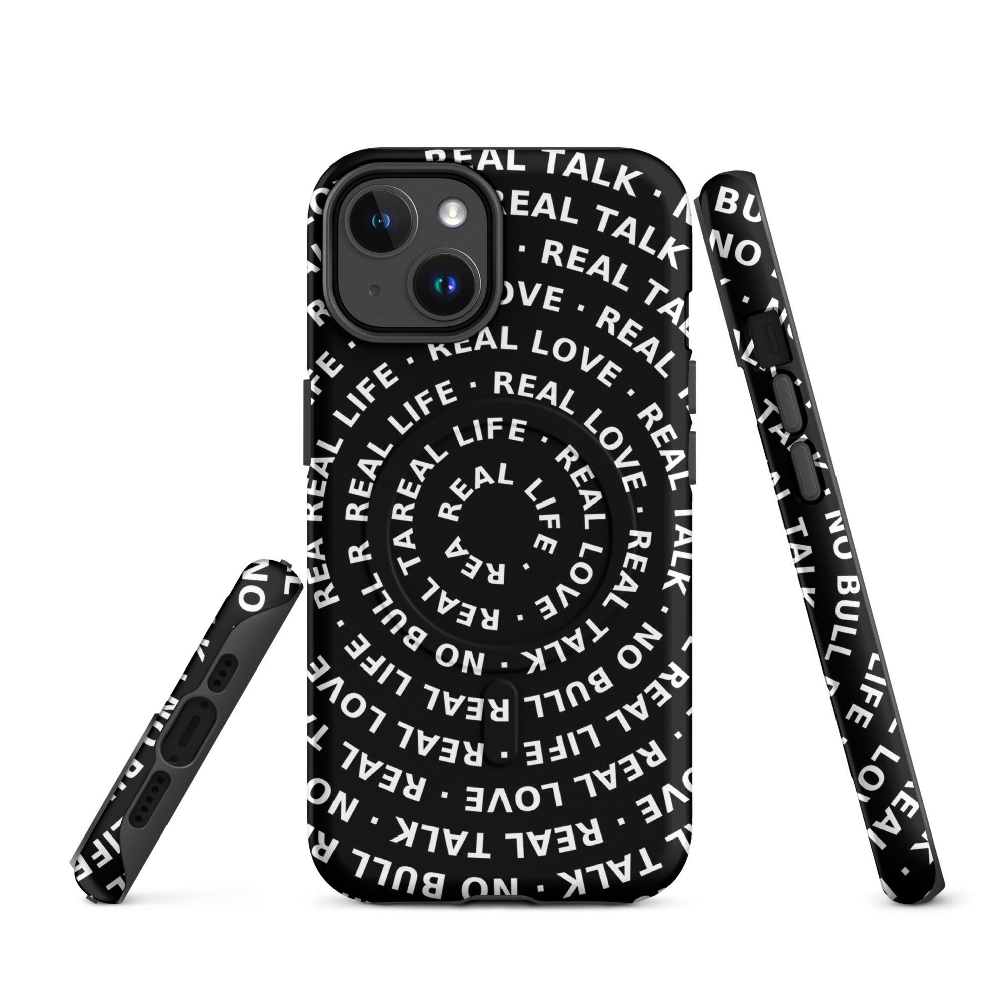 Phone case with text design on a white background