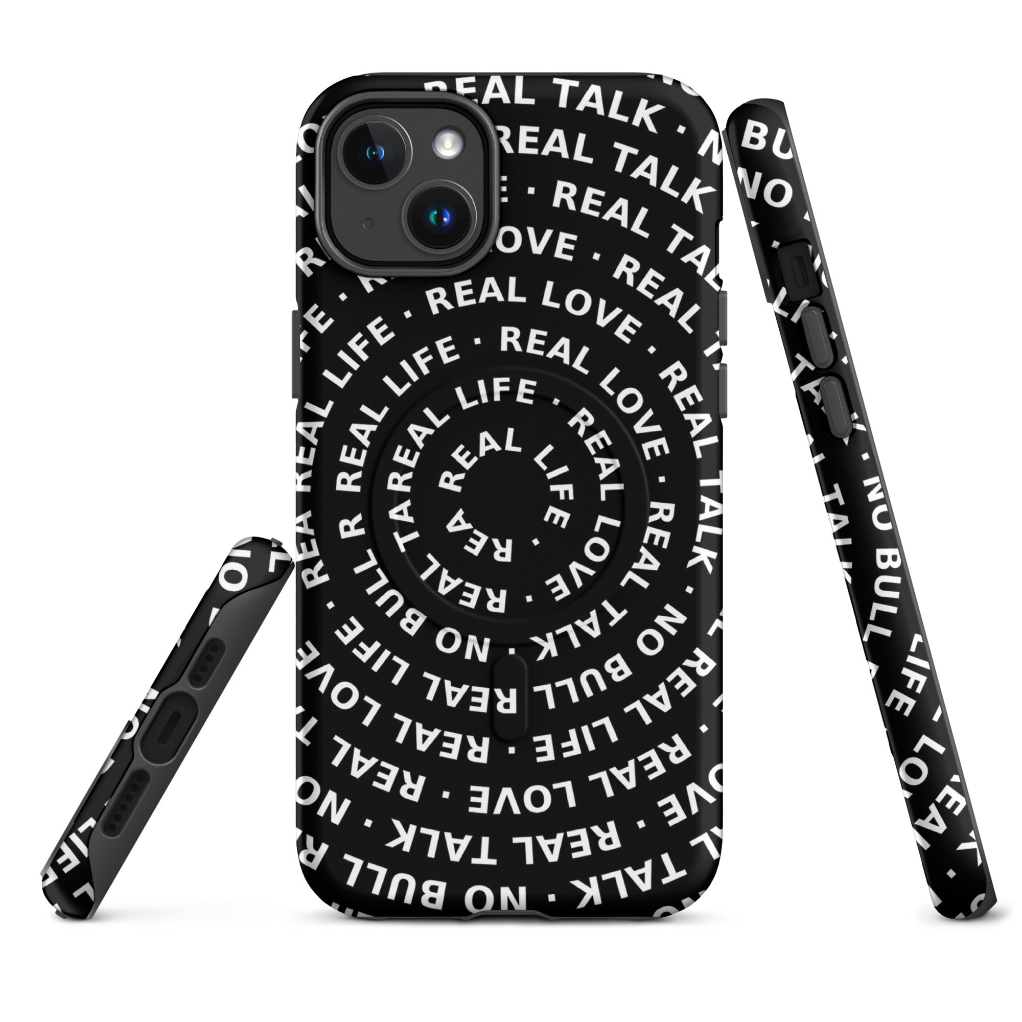 Phone case with 'Real Talk' and 'Real Love' text design on a black background