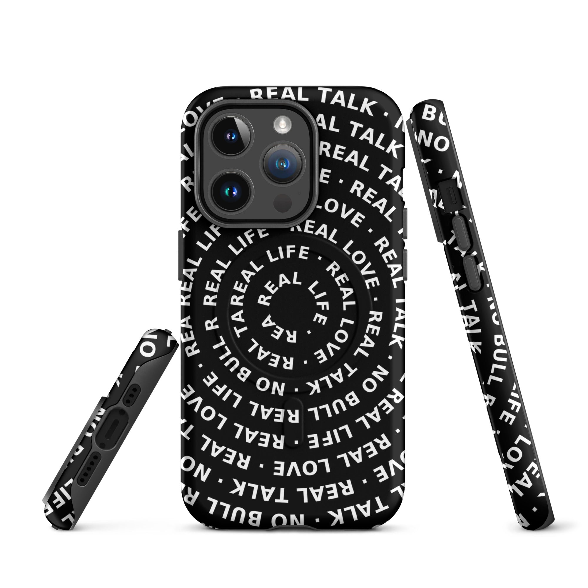 Phone case with text pattern on a white background