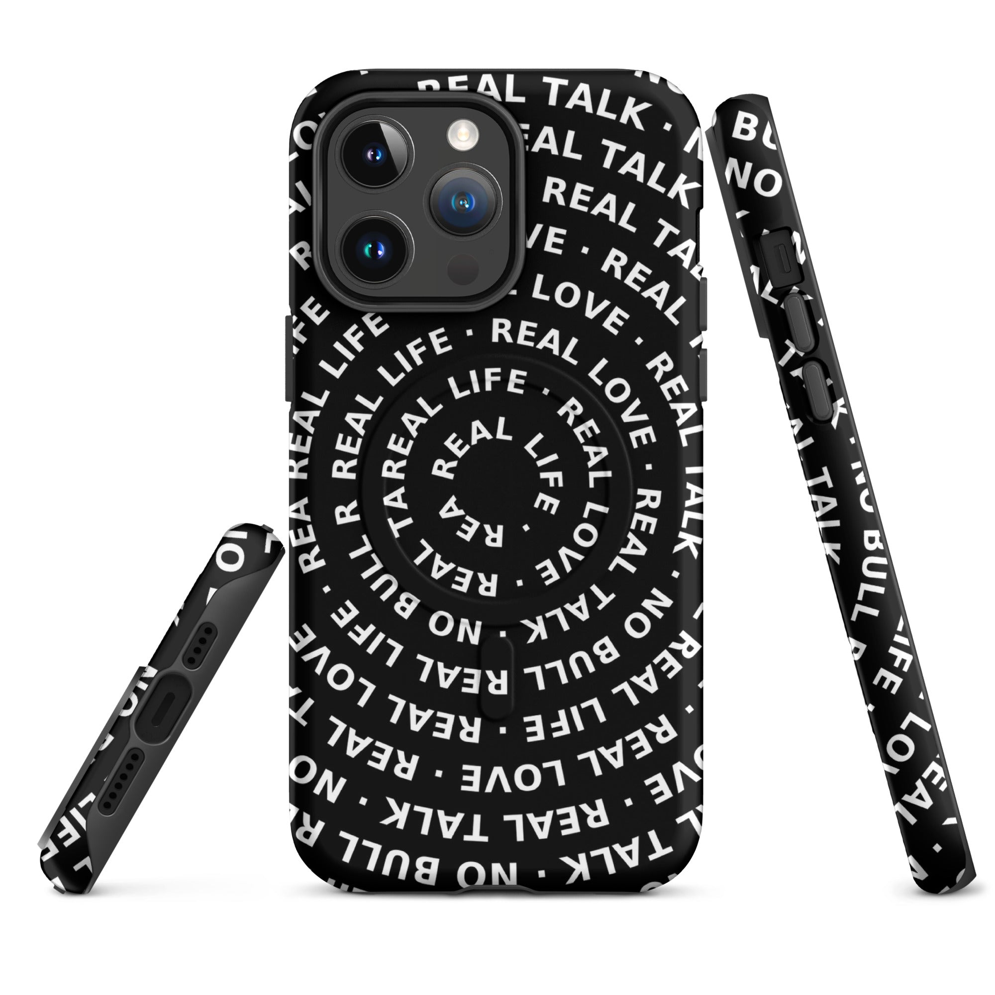 Phone case with text design on a white background