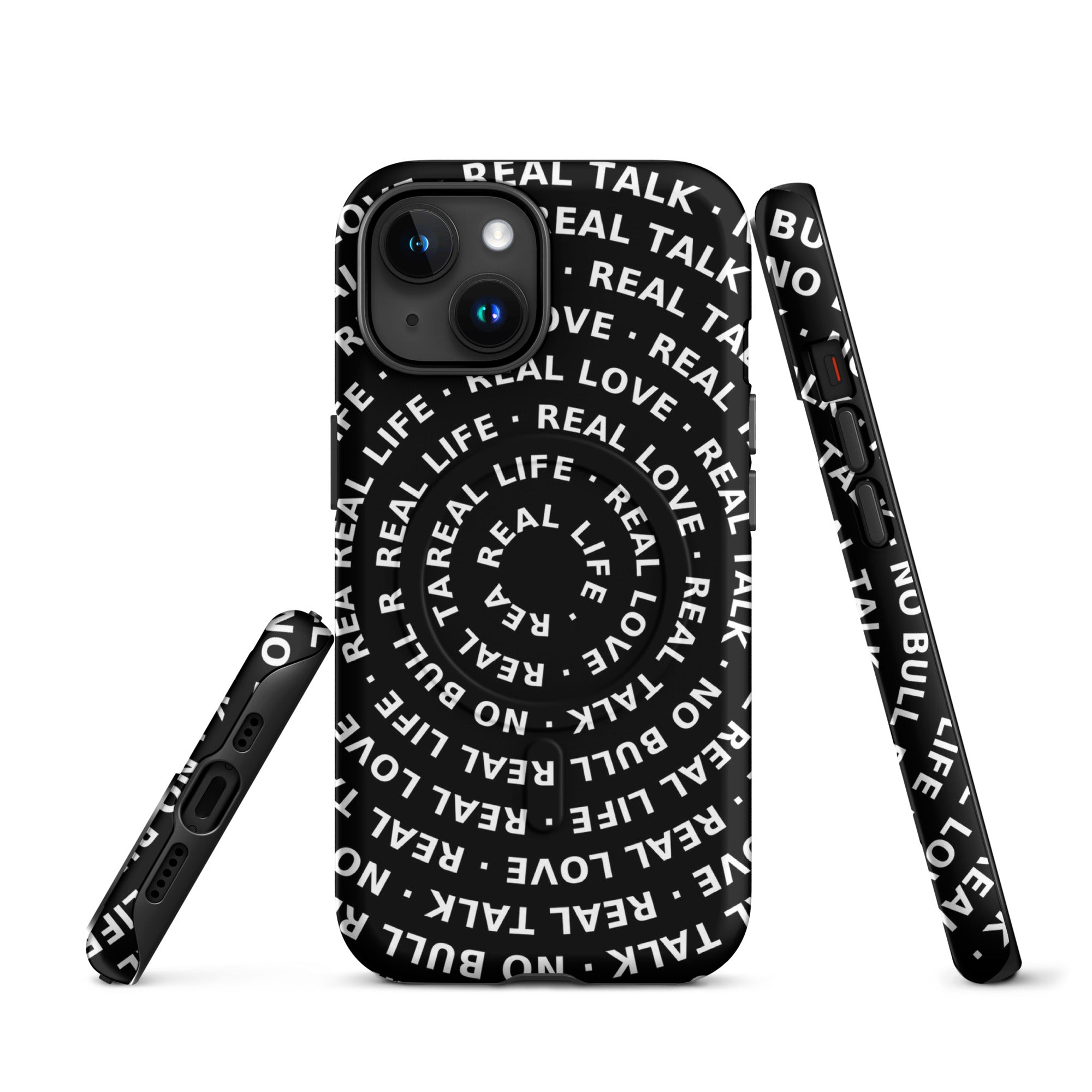 Phone case with text design on a white background