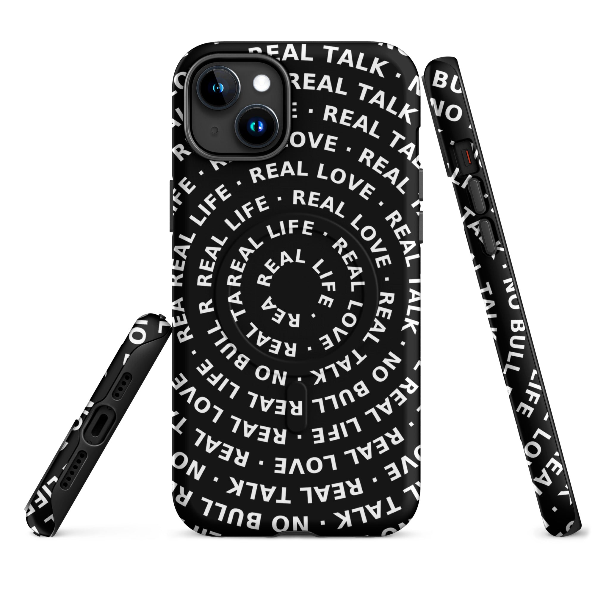 Black phone case with white text on a white background
