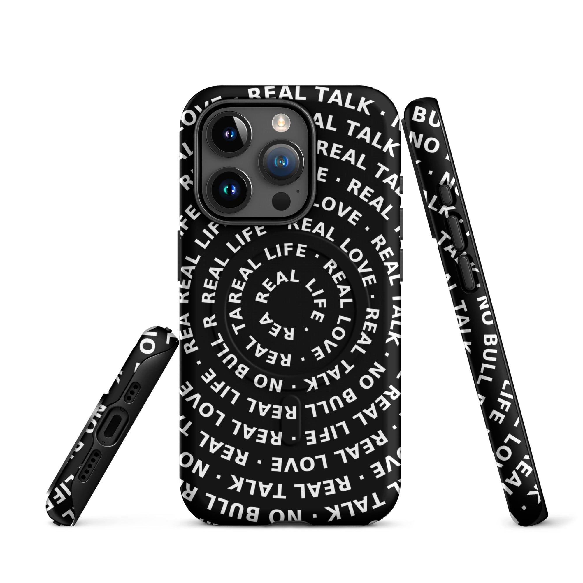 Phone case with text pattern on a white background
