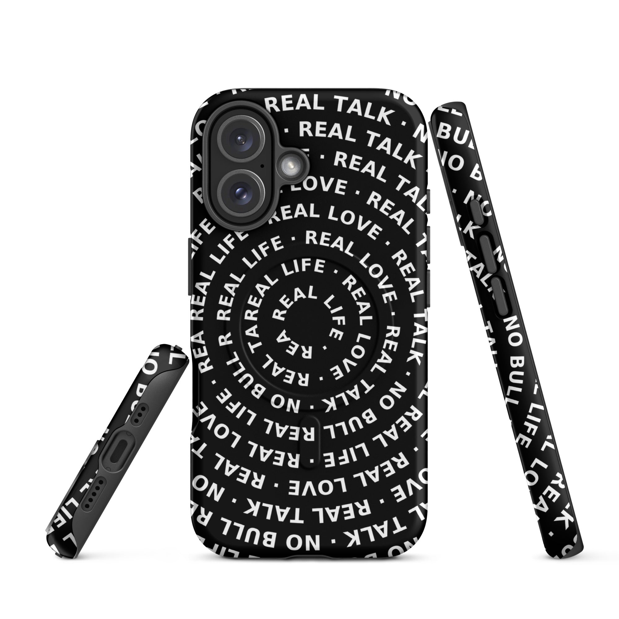 Phone case with text design on a white background
