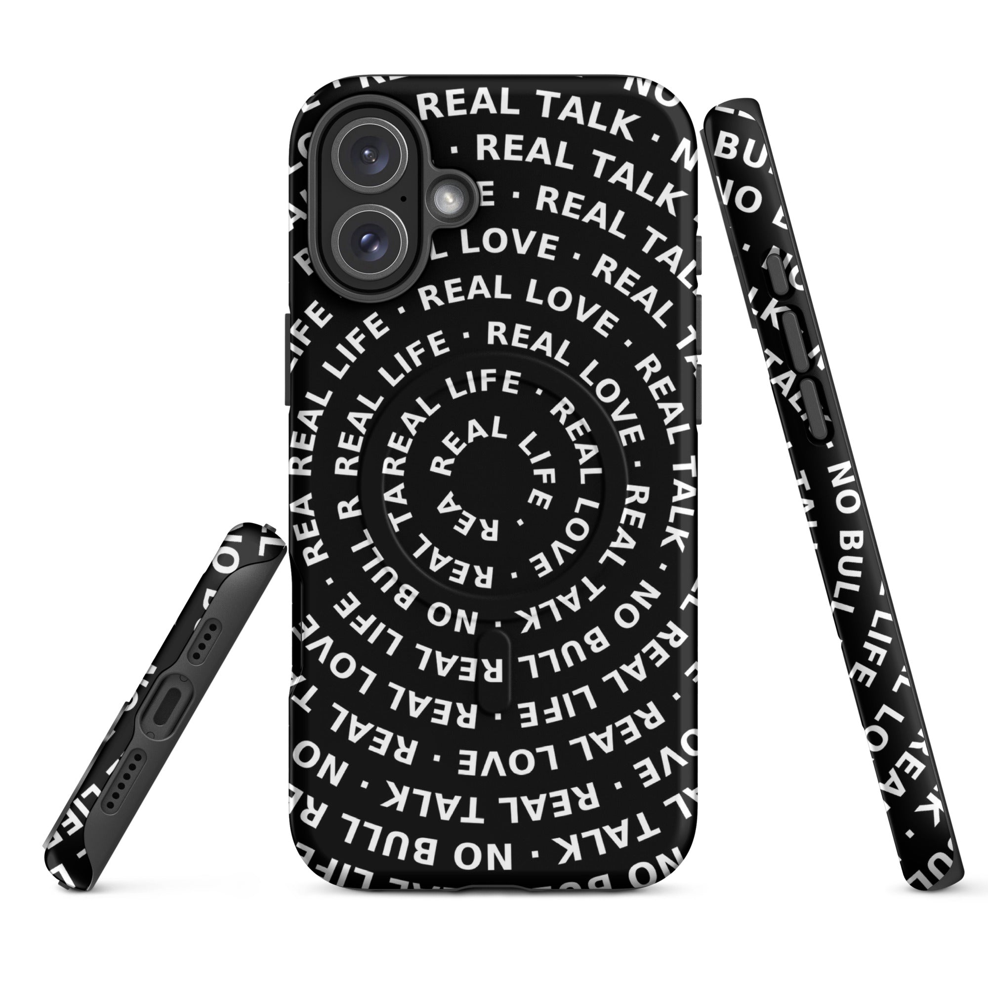 Phone case with text design on a white background