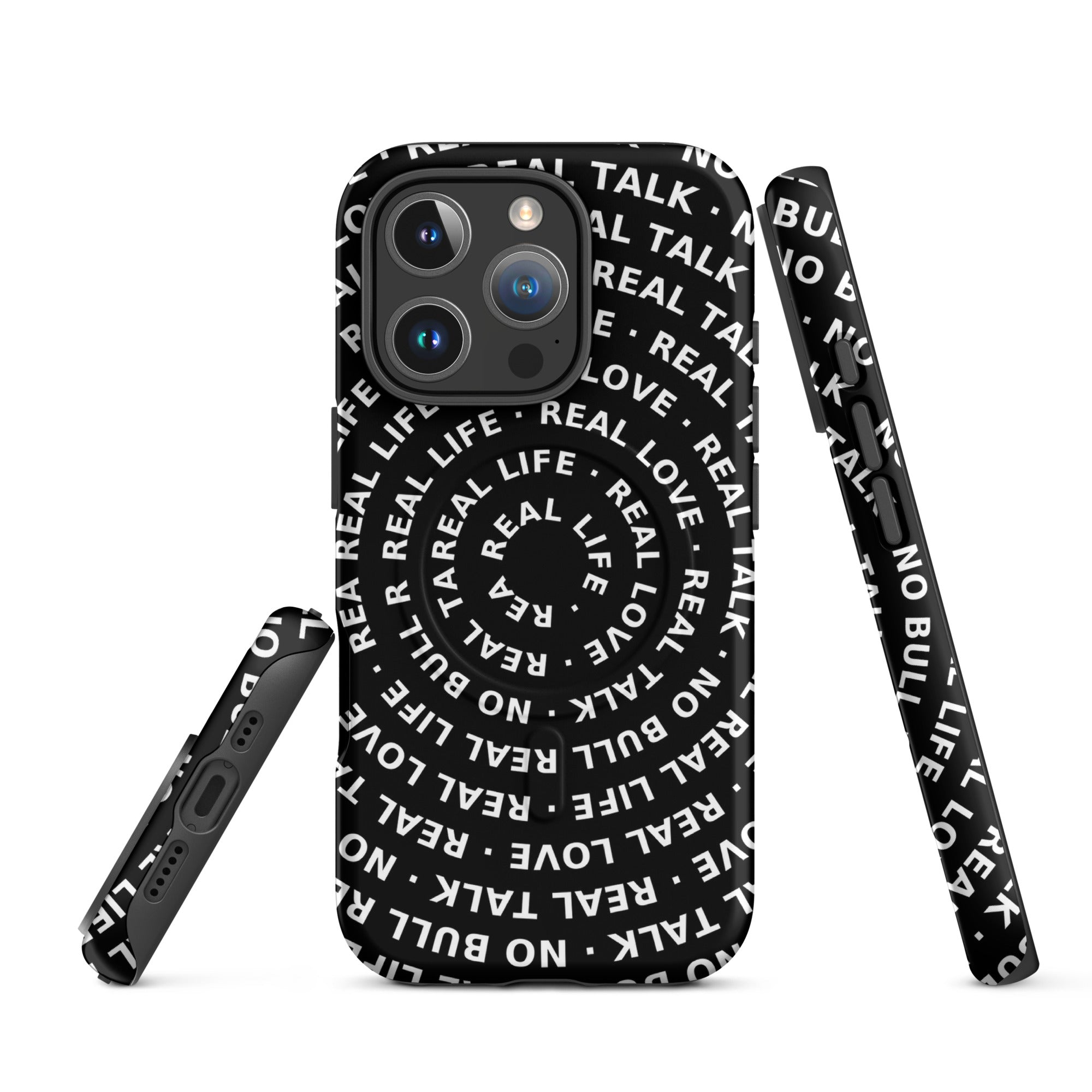 Phone case with text pattern on a white background