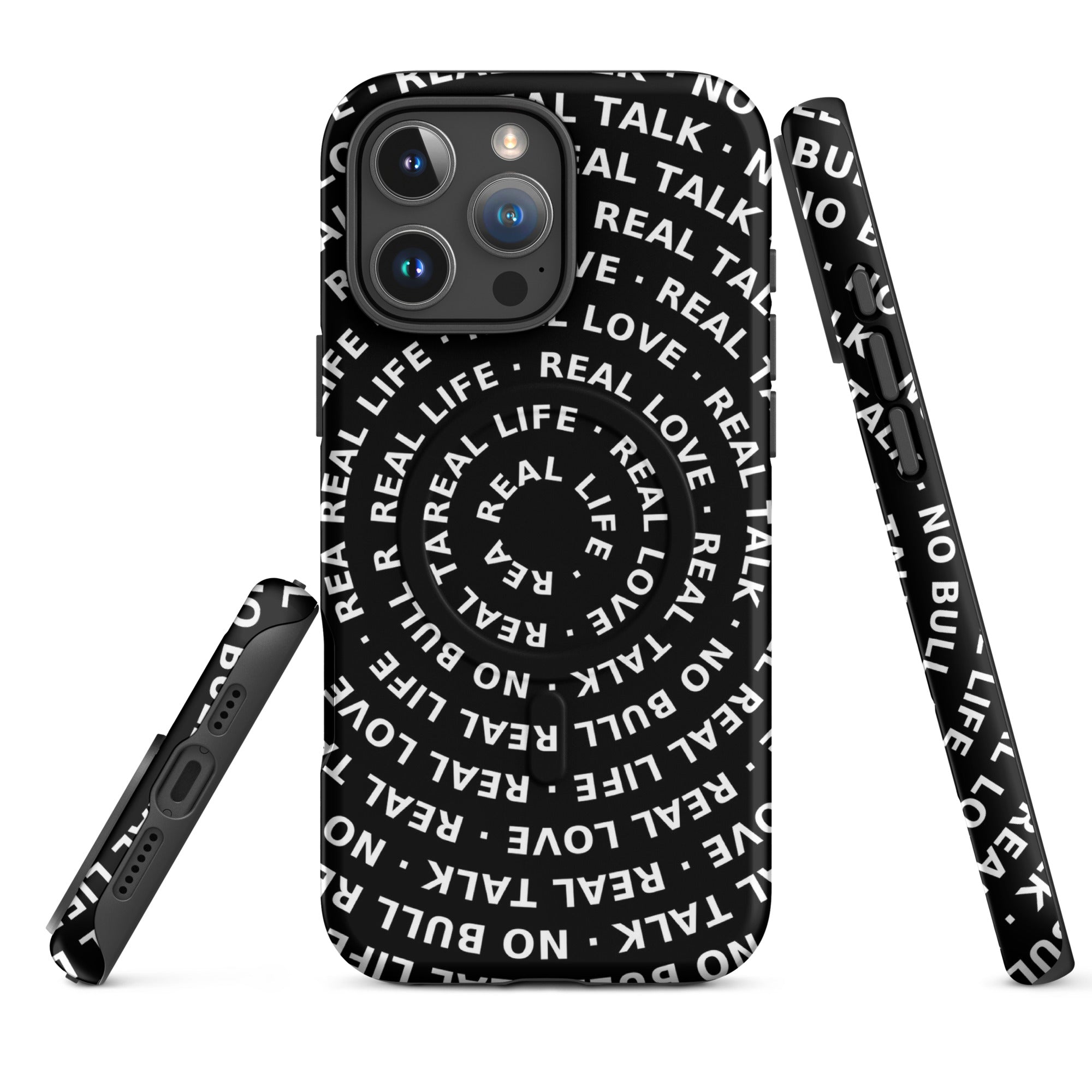 Phone case with text pattern on a white background