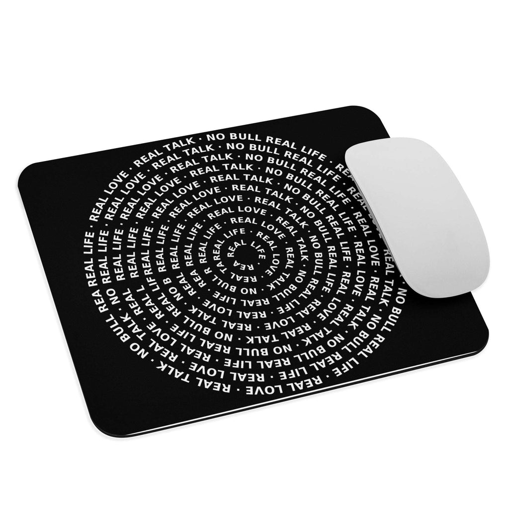 Black mouse pad with white text and a white mouse on a white background