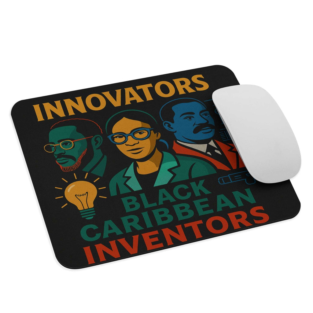 Mouse pad with 'Innovators: Black Caribbean Inventors' design featuring three individuals and a light bulb, with a white mouse on top.