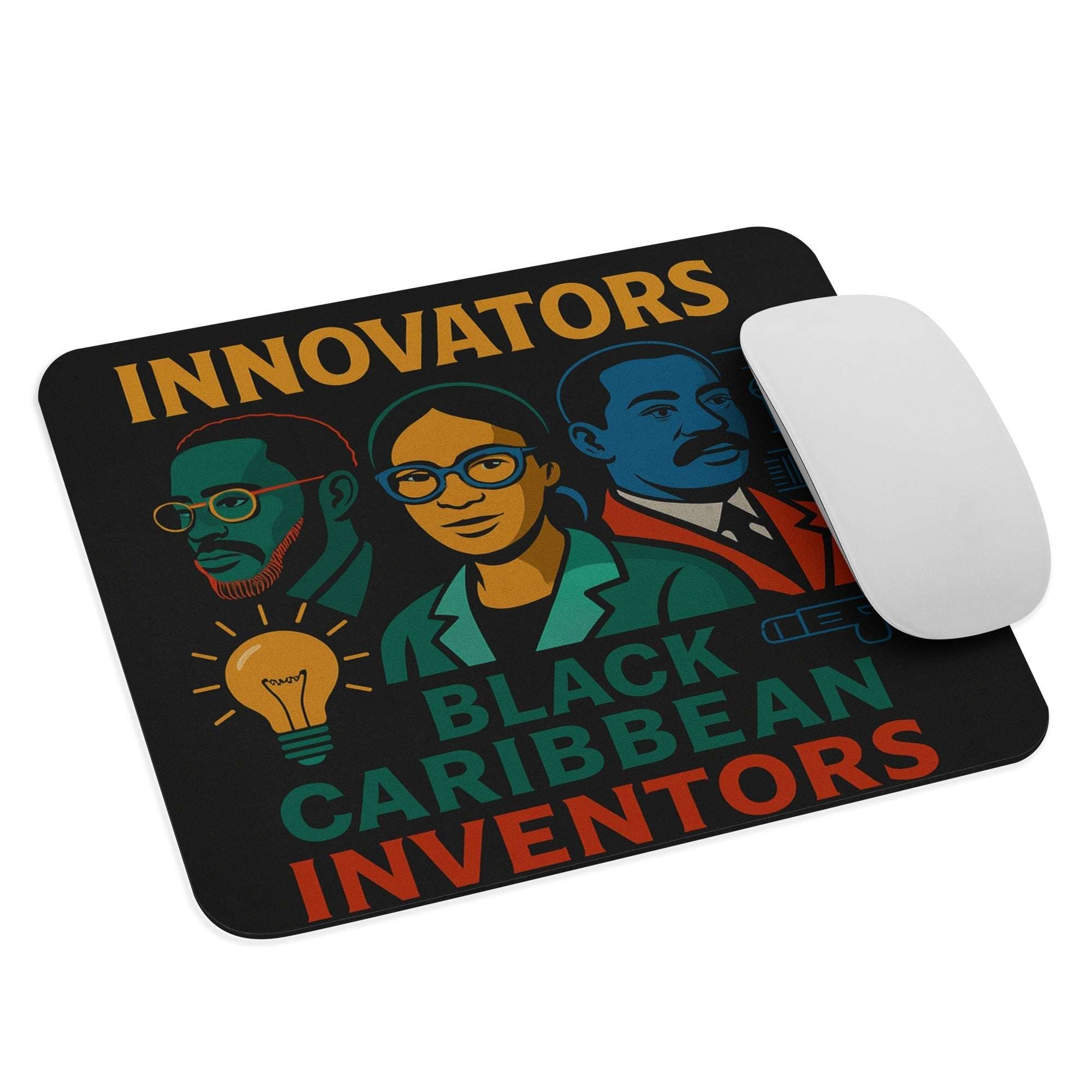 Mouse pad with 'Innovators: Black Caribbean Inventors' design featuring three individuals and a light bulb, with a white mouse on top.