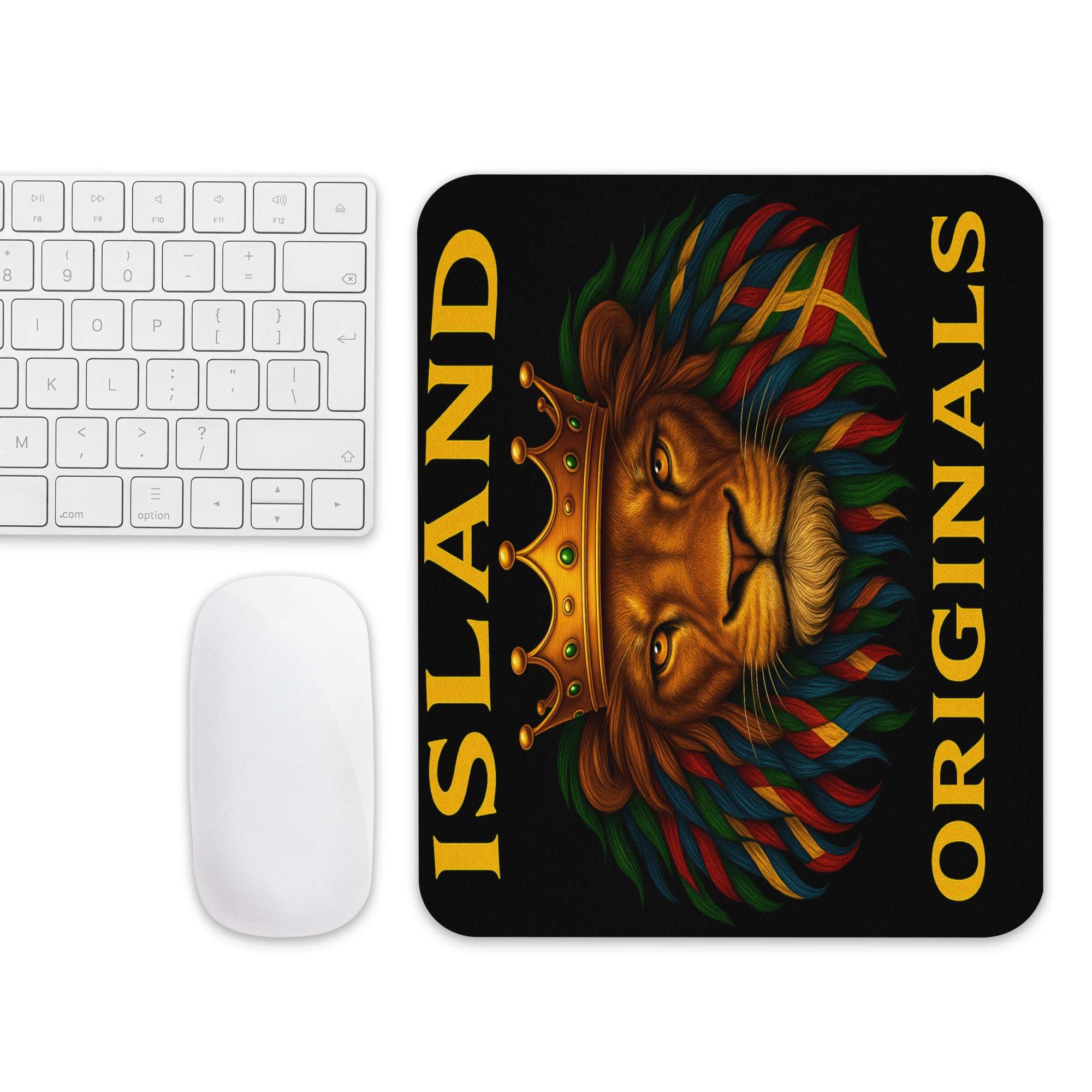 Mouse pad with lion design and 'Island Originals' text next to a keyboard and mouse on a white background