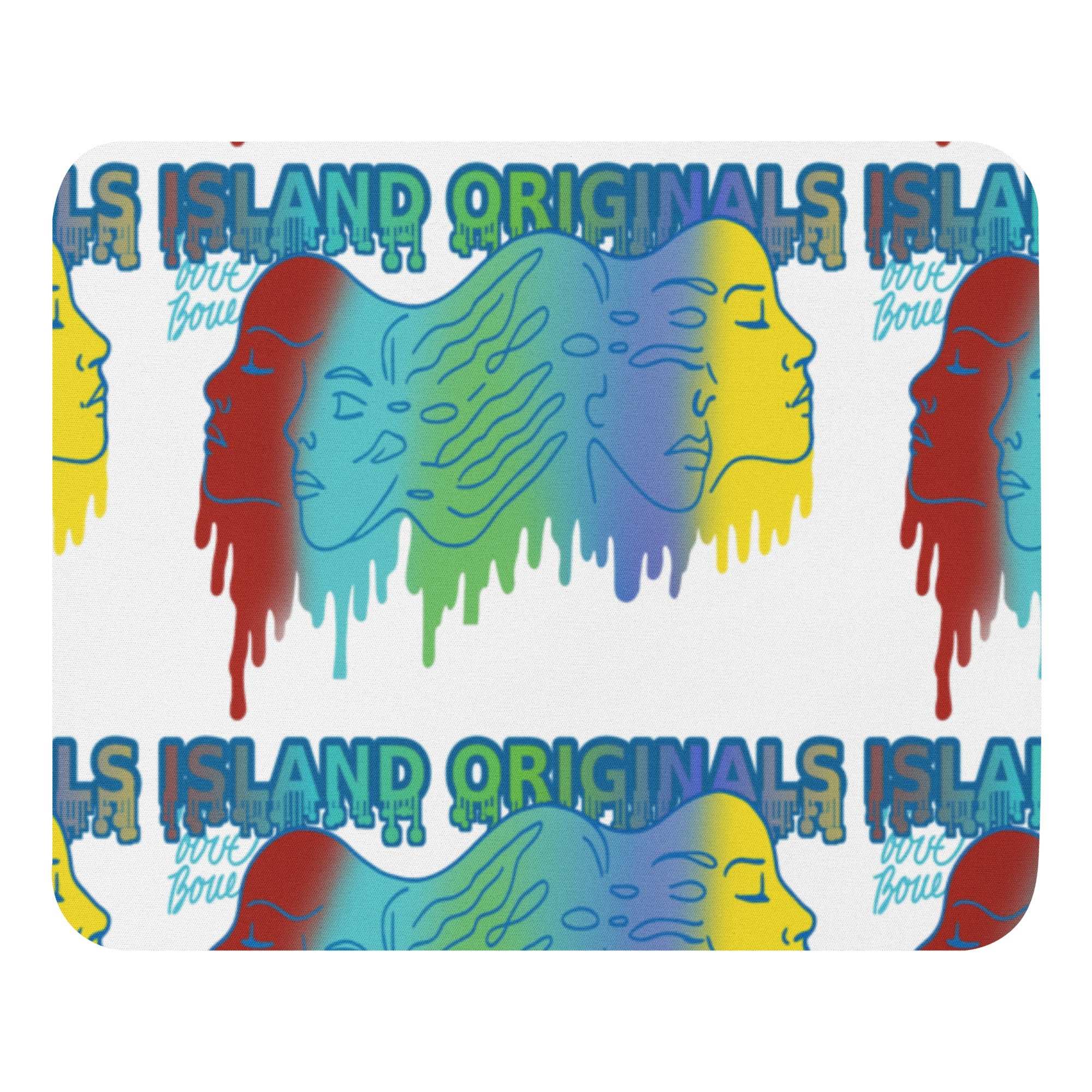 Colorful design with faces and 'Island Originals' text on a white background
