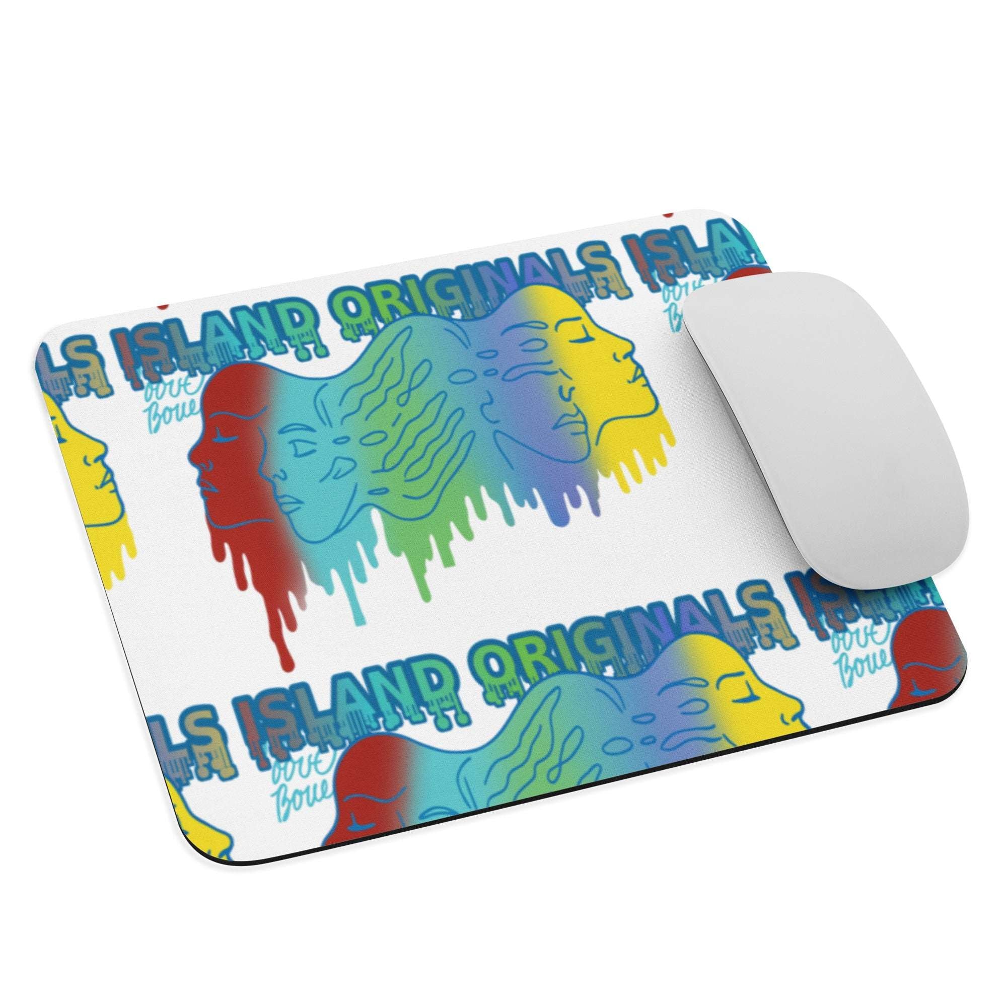 Colorful mouse pad with artistic designs and text on a white background