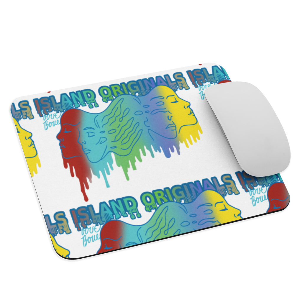 Colorful mouse pad with artistic designs and text on a white background
