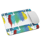 Colorful mouse pad with artistic designs and text on a white background