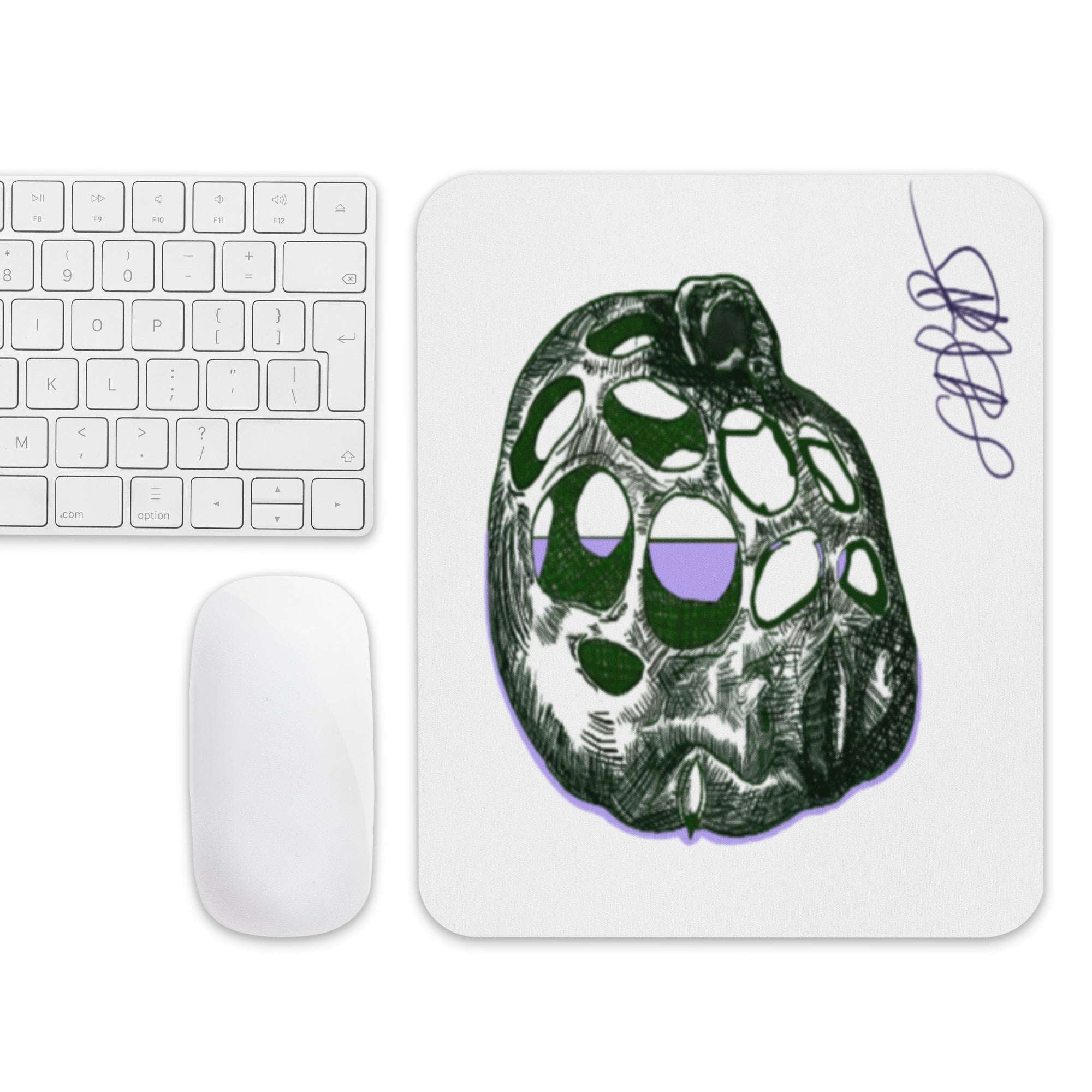 Mouse pad with a unique design on a desk setup with a keyboard and mouse.