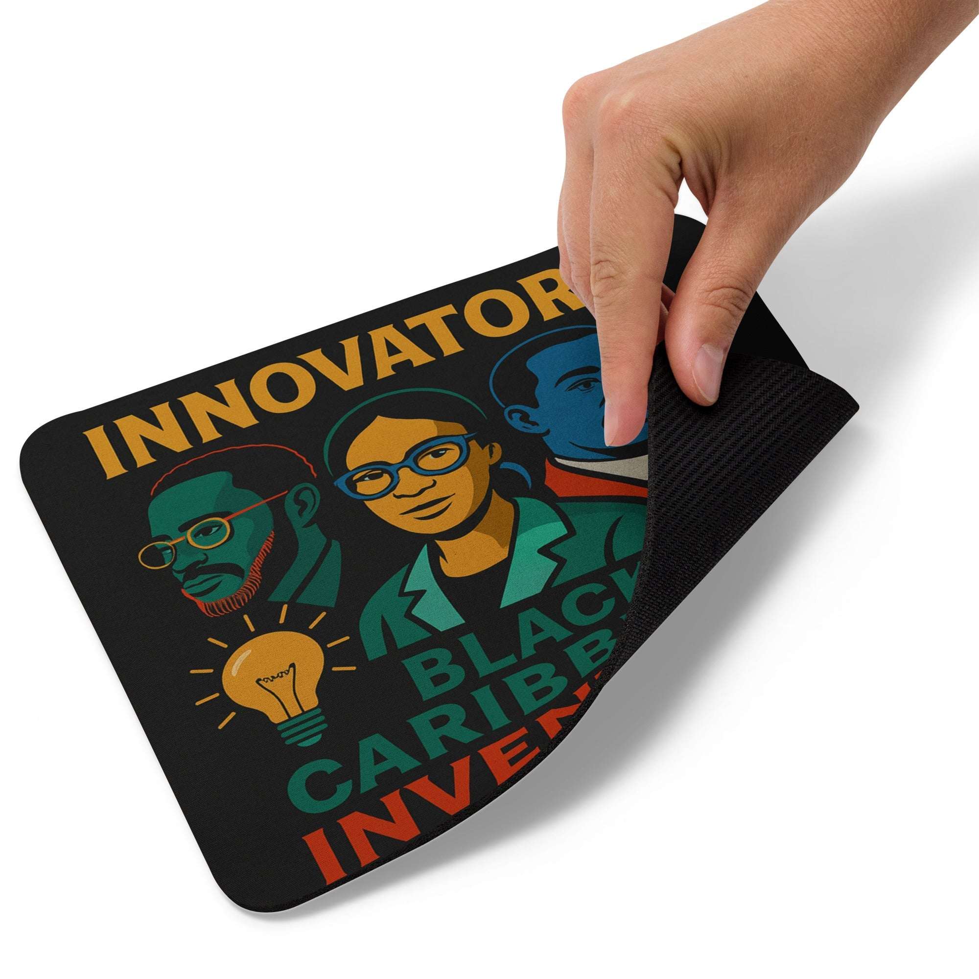 Mouse pad with 'Innovators' design featuring three individuals and a light bulb, with a hand touching it.