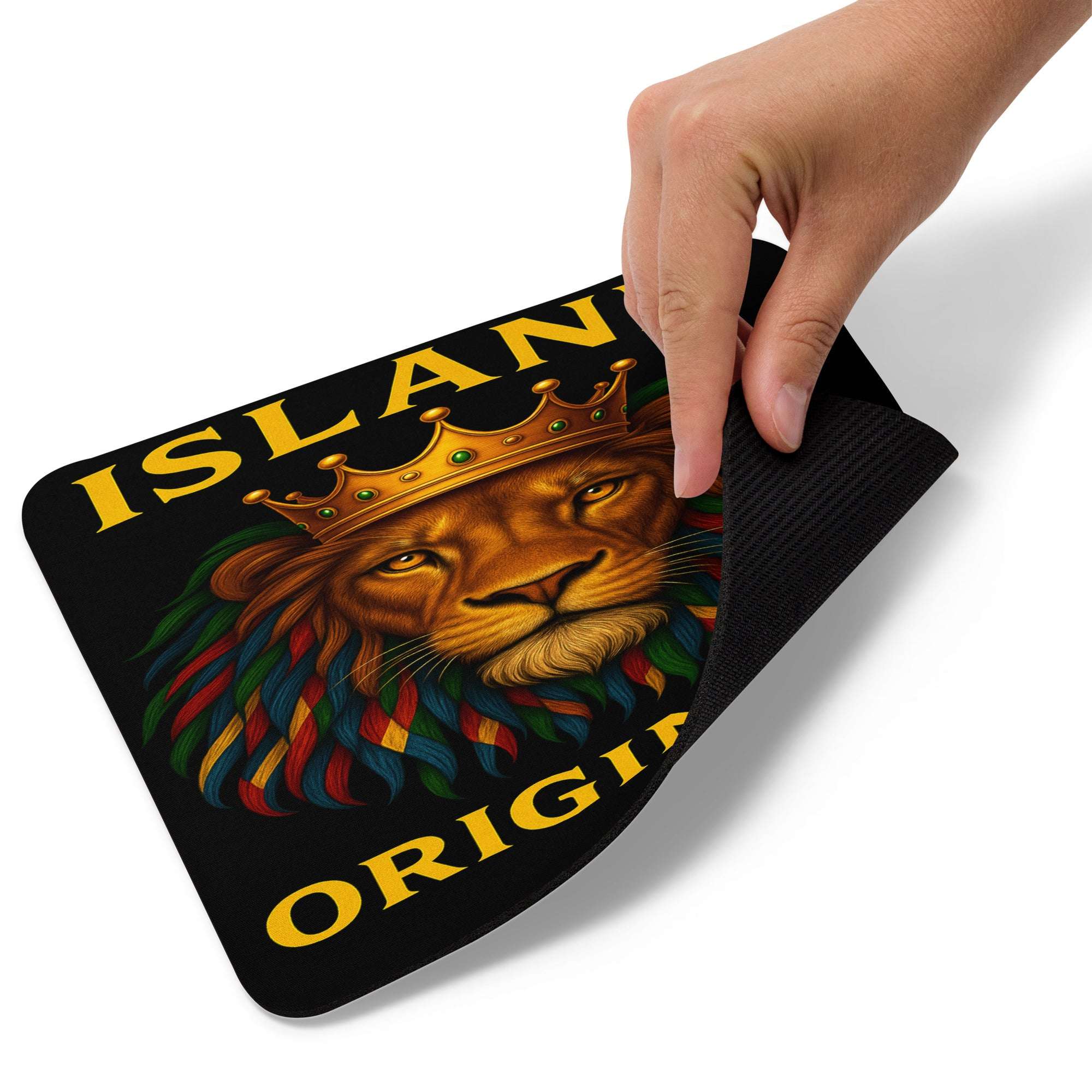 Mouse pad with lion design and 'ISLAN ORIGIN' text, held by a hand.