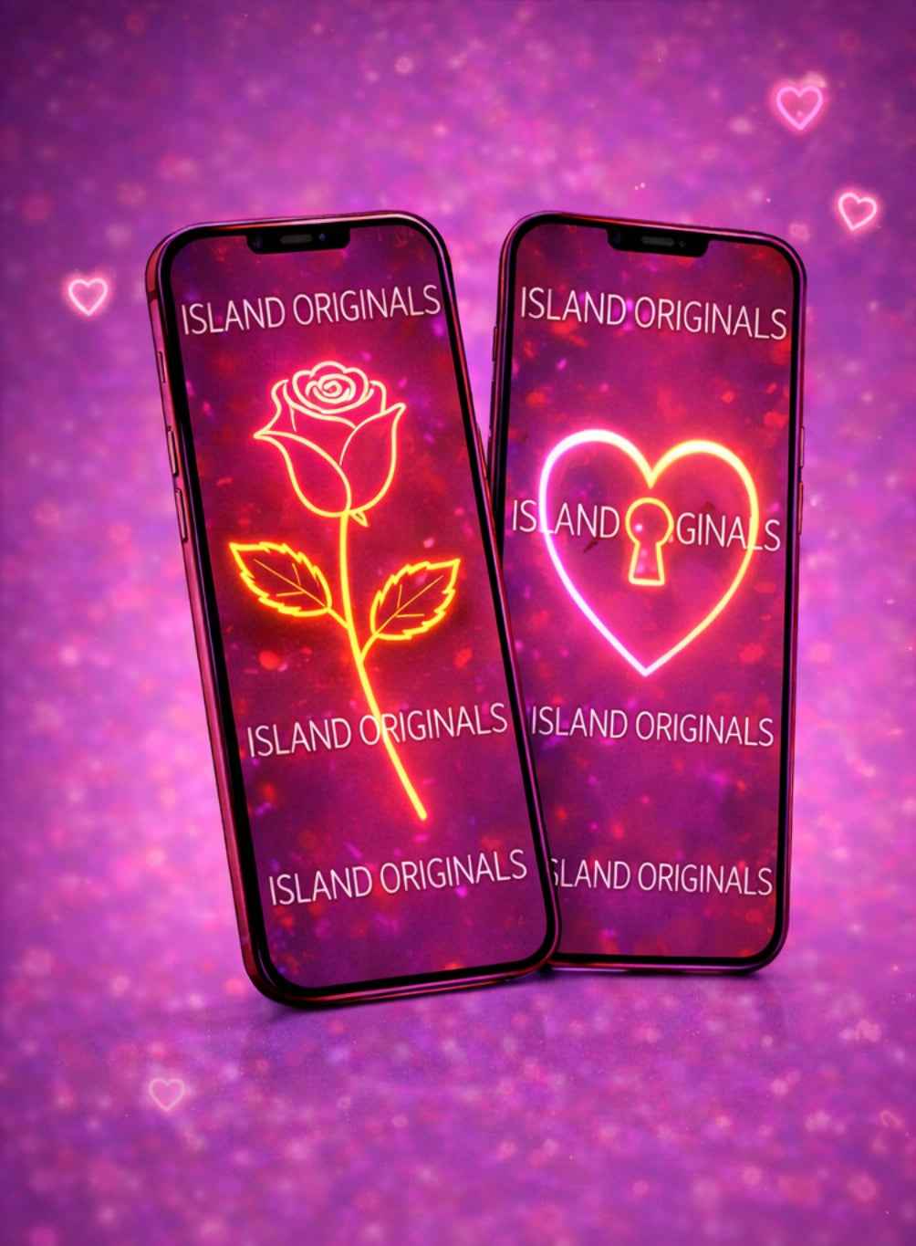Two smartphones displaying 'Island Originals' branding with a rose and heart design on a purple background.