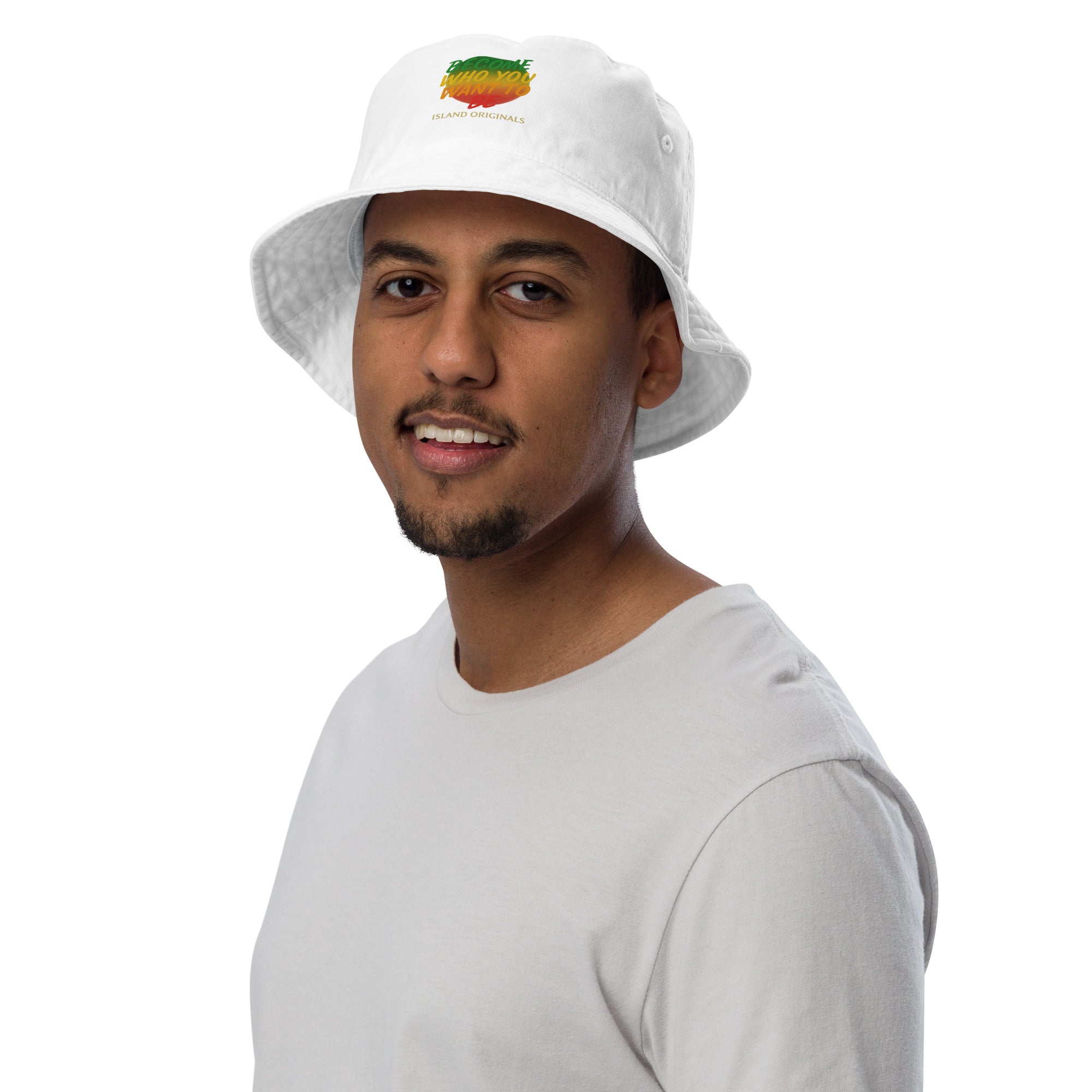 Man wearing a white bucket hat with a colorful logo on a white background