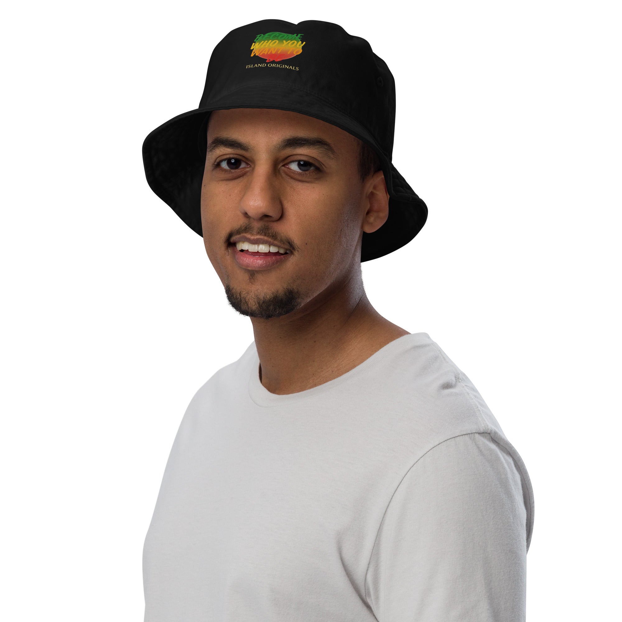 Man wearing a black bucket hat with a colorful logo on a white background