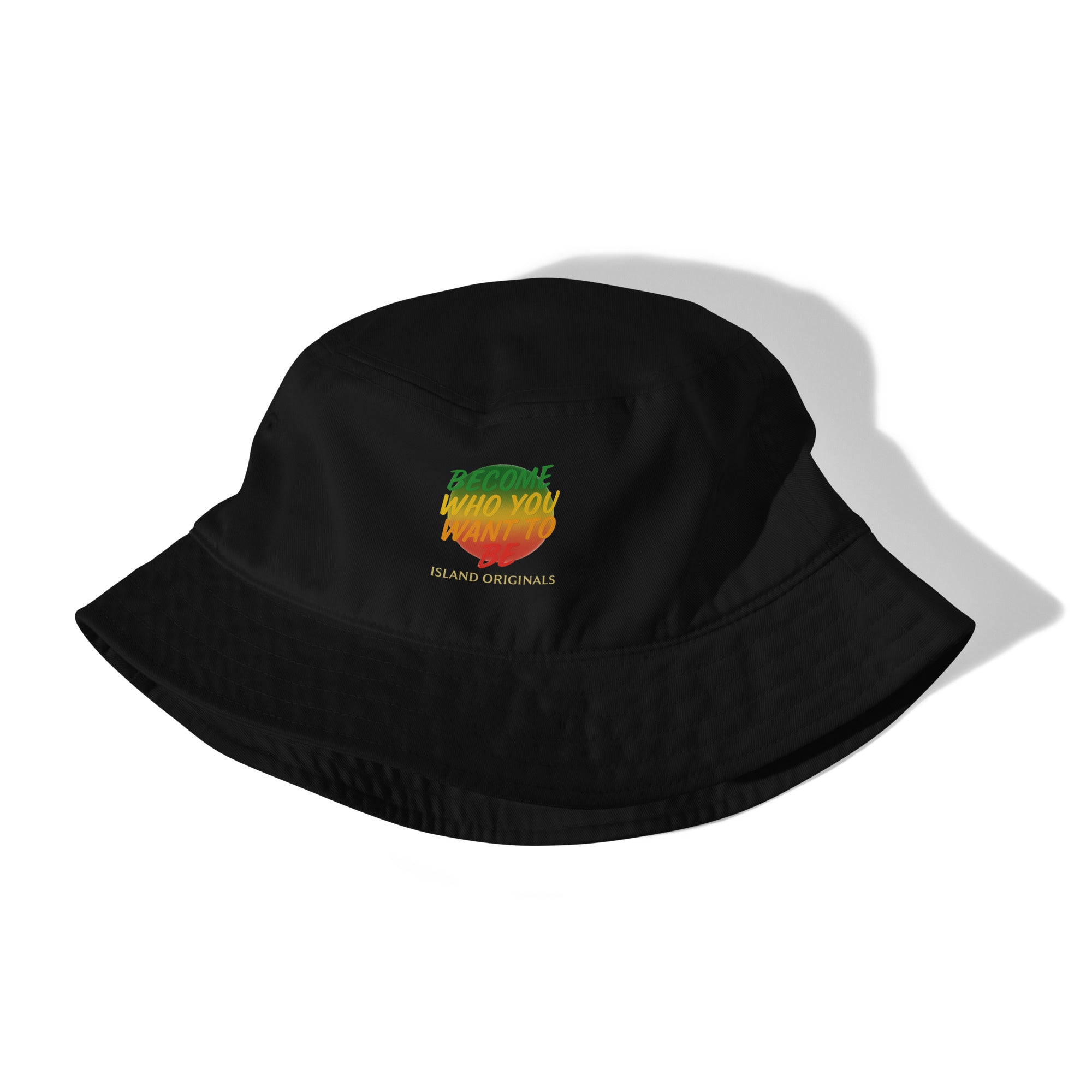 Black bucket hat with colorful logo on a white background