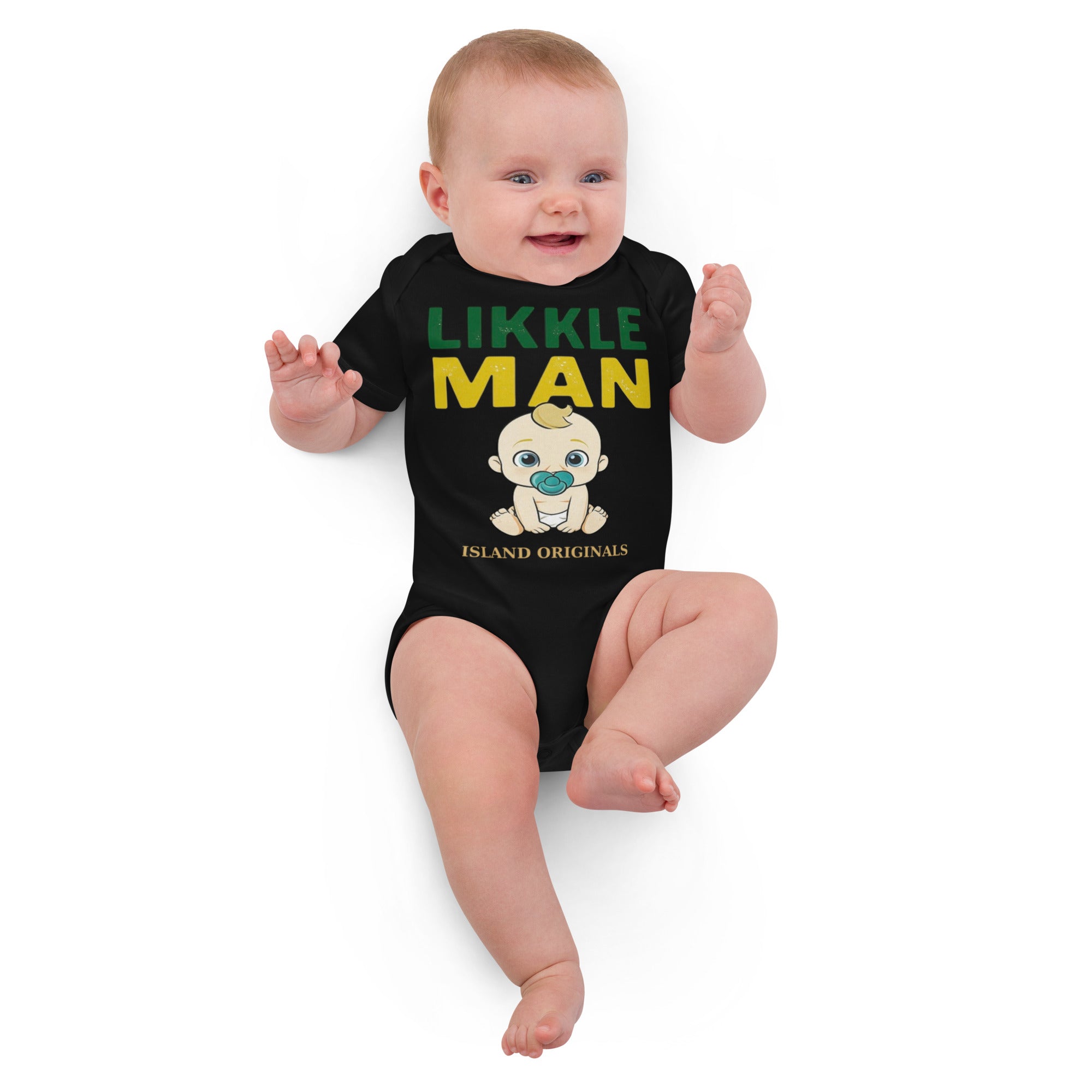 Baby wearing a black onesie with 'Likkle Man' text and graphic on a white background