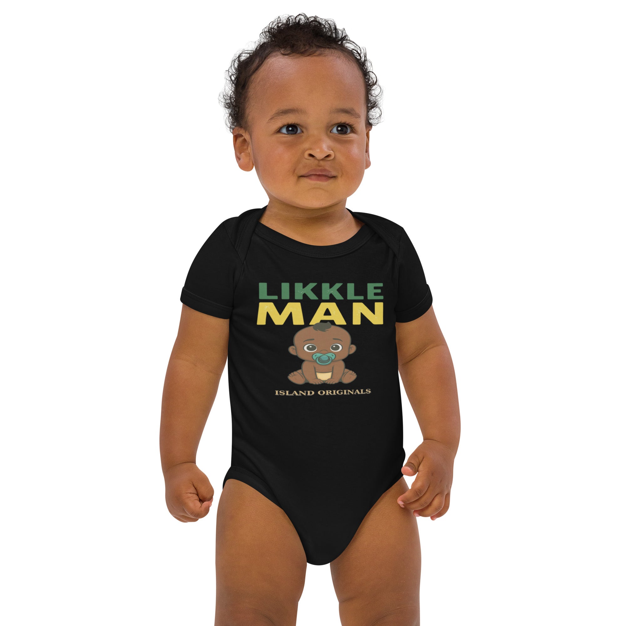 Child wearing a black onesie with 'LIKLELE MAN' text and graphic on a white background