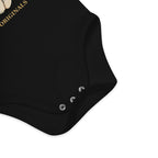 Black baby onesie with brand logo on a white background