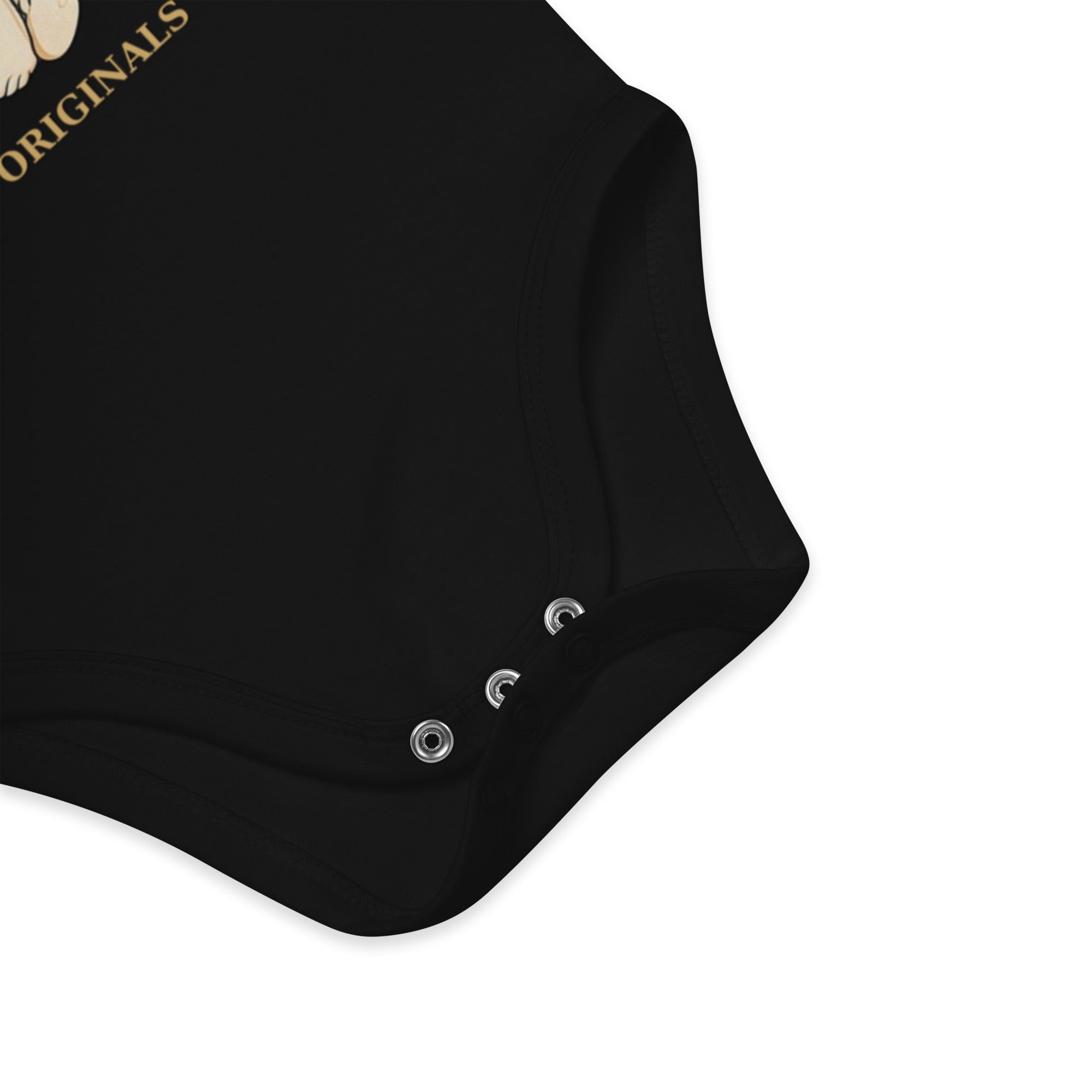 Black baby onesie with brand logo on a white background