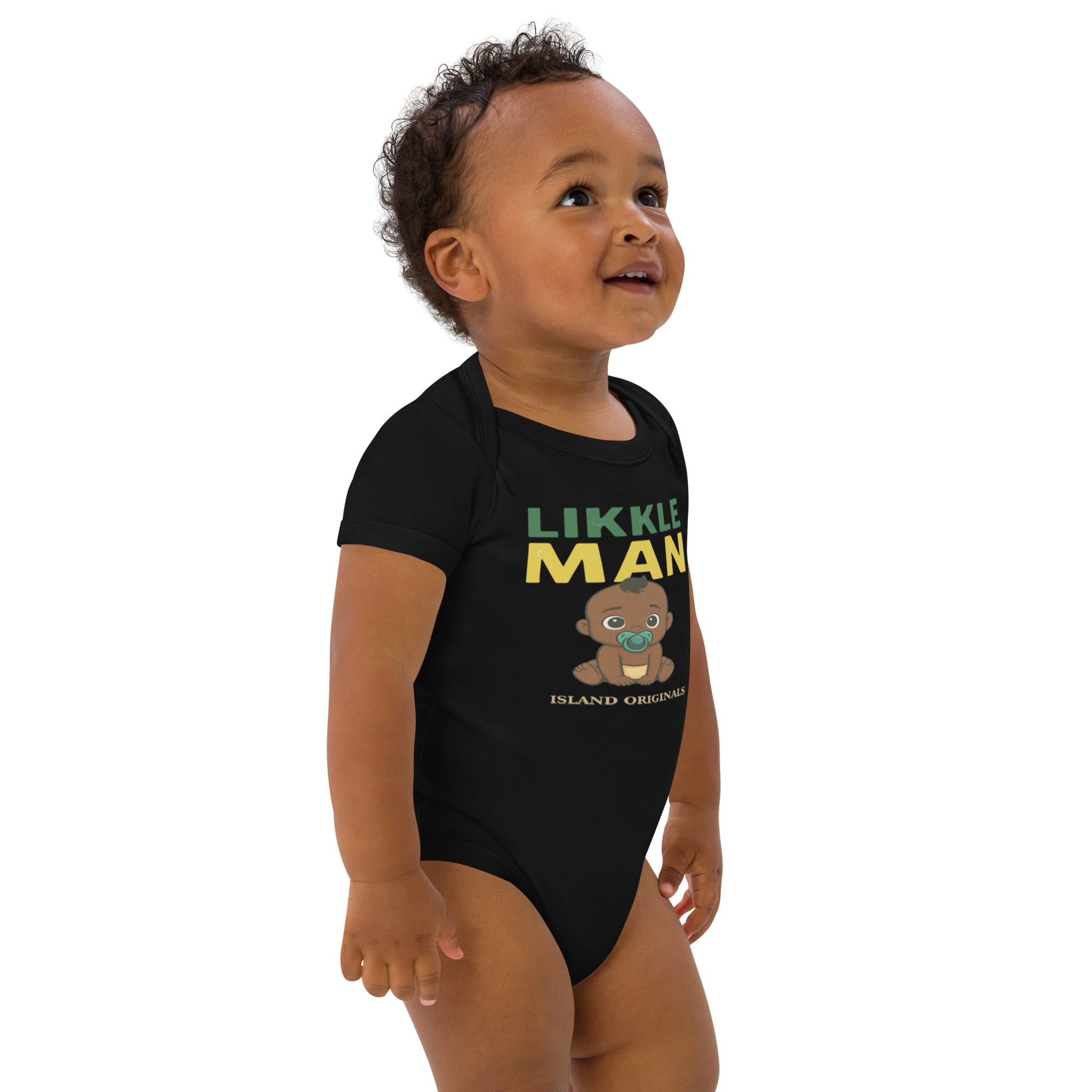 Baby wearing a black onesie with 'LIKkle Man' text and graphic on a white background