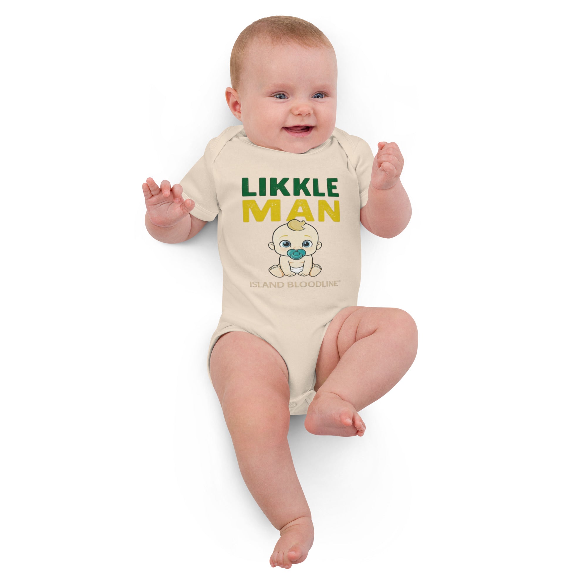 Baby wearing a onesie with 'LIKKLE MAN' text and graphic on a white background
