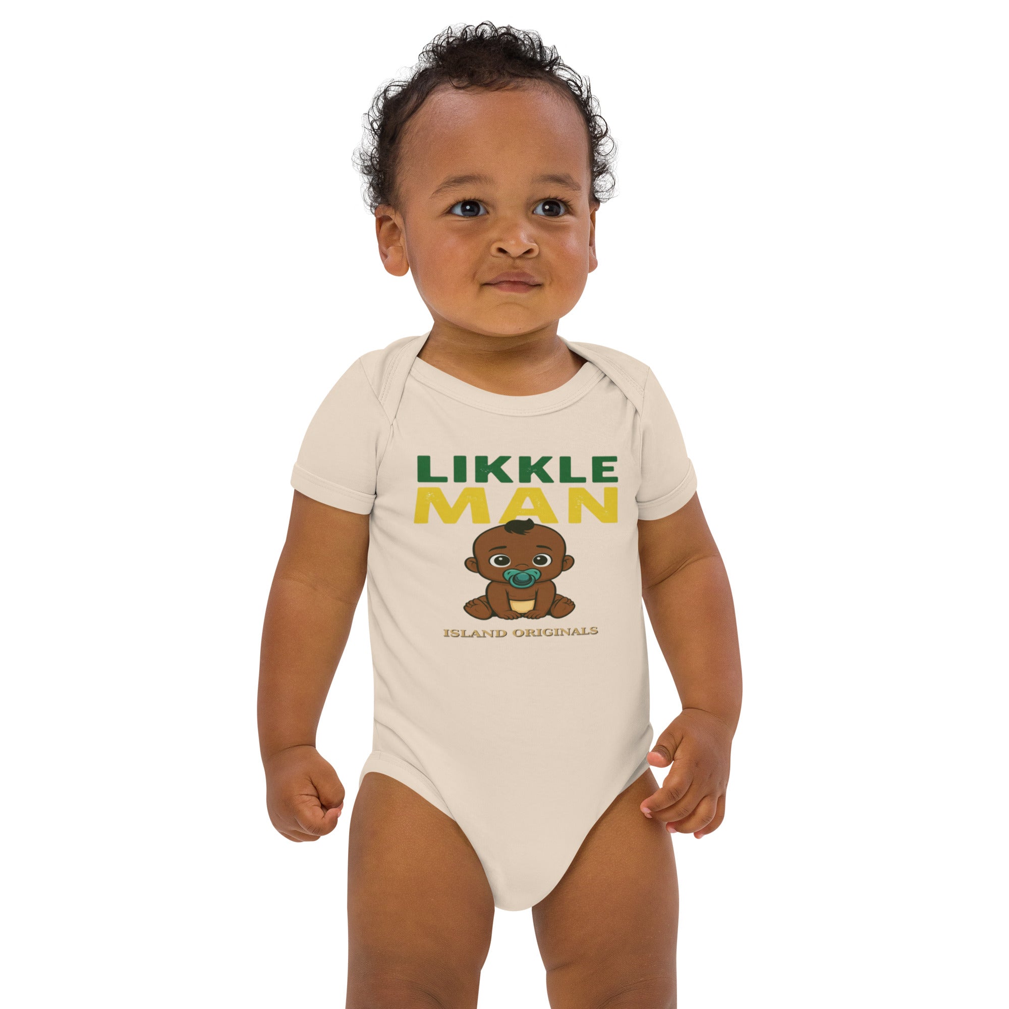 Baby wearing a onesie with 'LIKKLE MAN' text and graphic on a white background