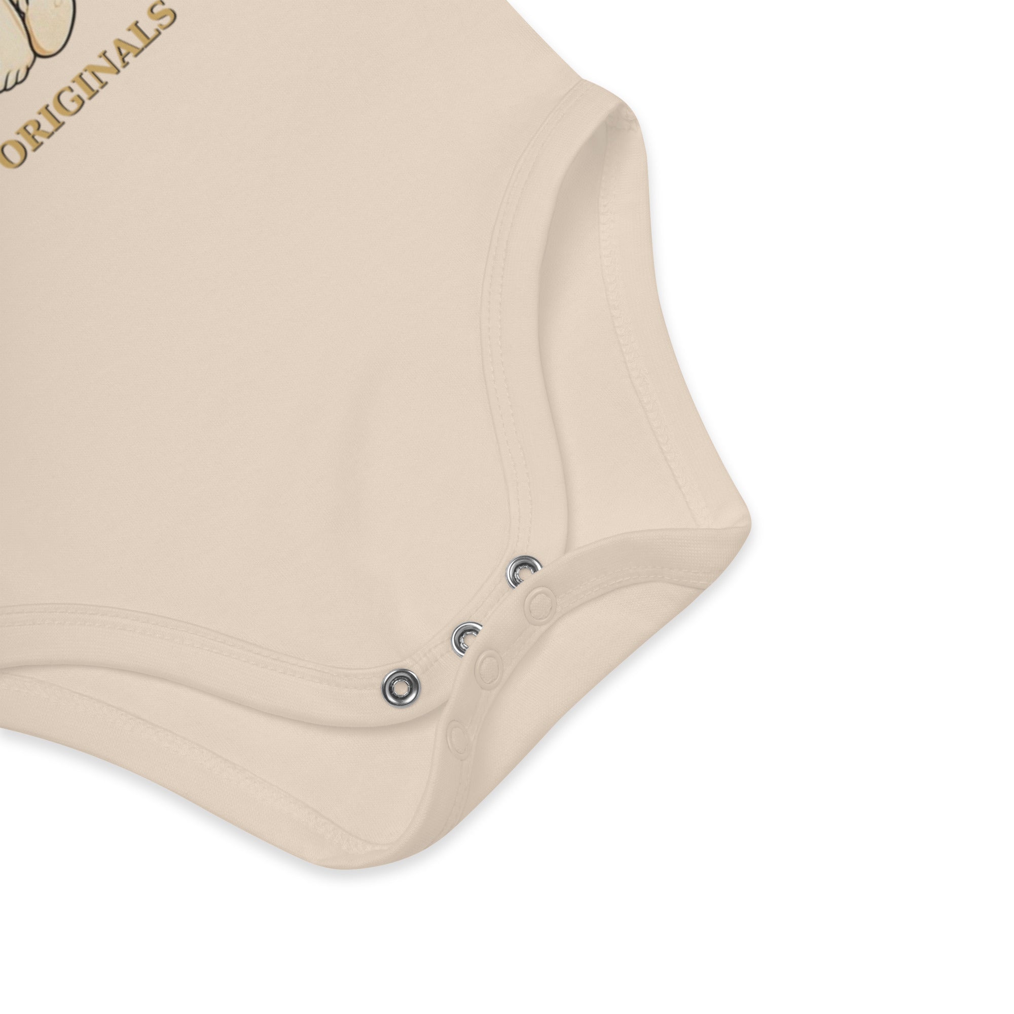 Beige baby bodysuit with brand logo on a white background