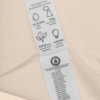 Environmental impact label on a garment with text and icons.