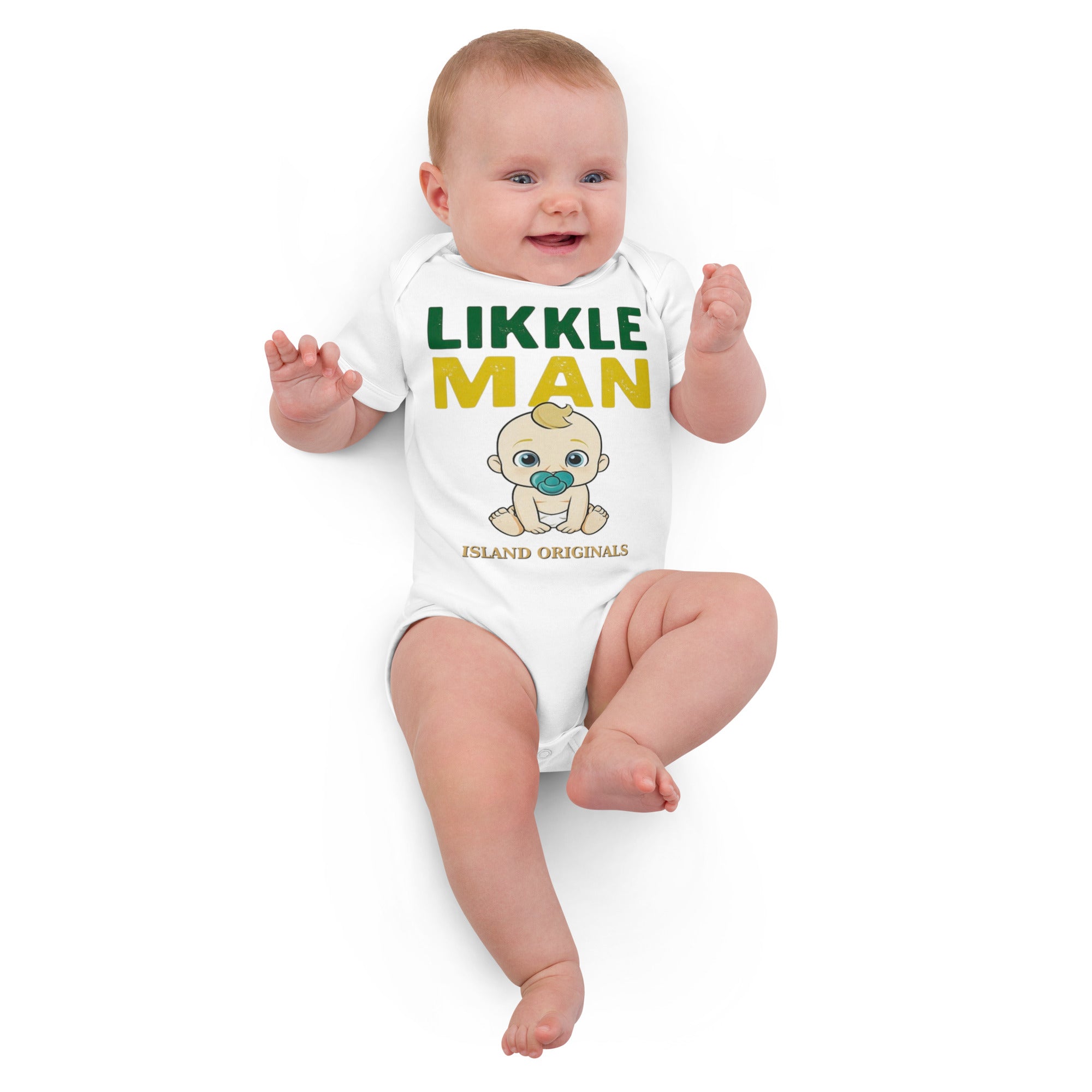 Baby wearing a white onesie with 'Likkle Man' text and cartoon character on a white background