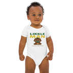 Baby wearing a white onesie with 'LIKLELE MAN' text and graphic on a white background
