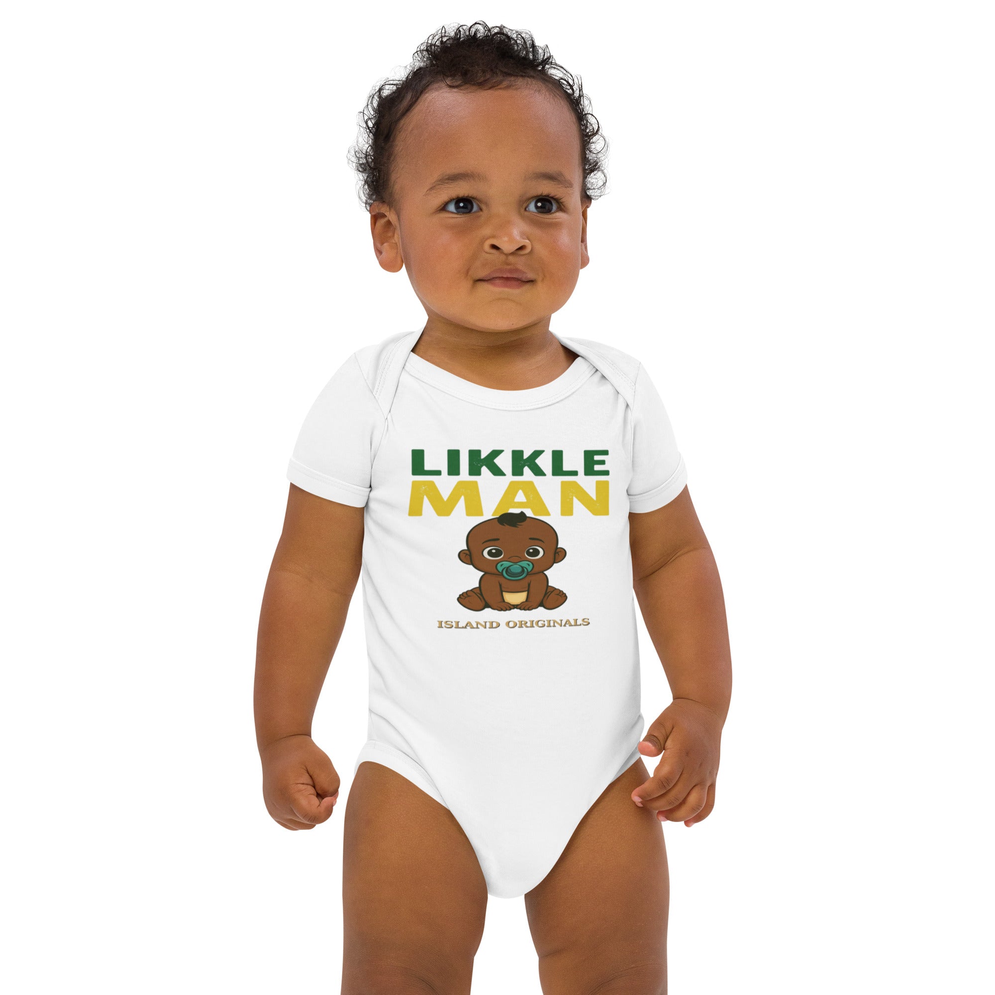 Baby wearing a white onesie with 'LIKLELE MAN' text and graphic on a white background