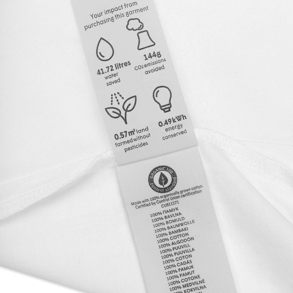 Close-up of a garment label with environmental impact details and fabric composition.