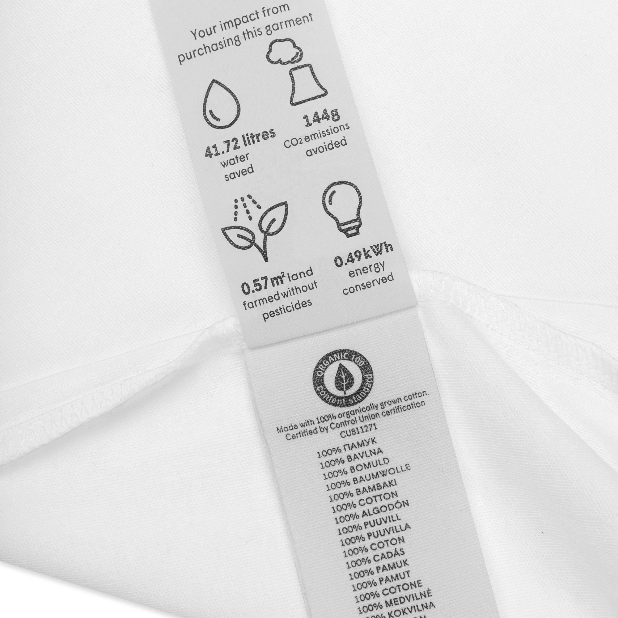 Close-up of a garment label with environmental impact details and fabric composition.
