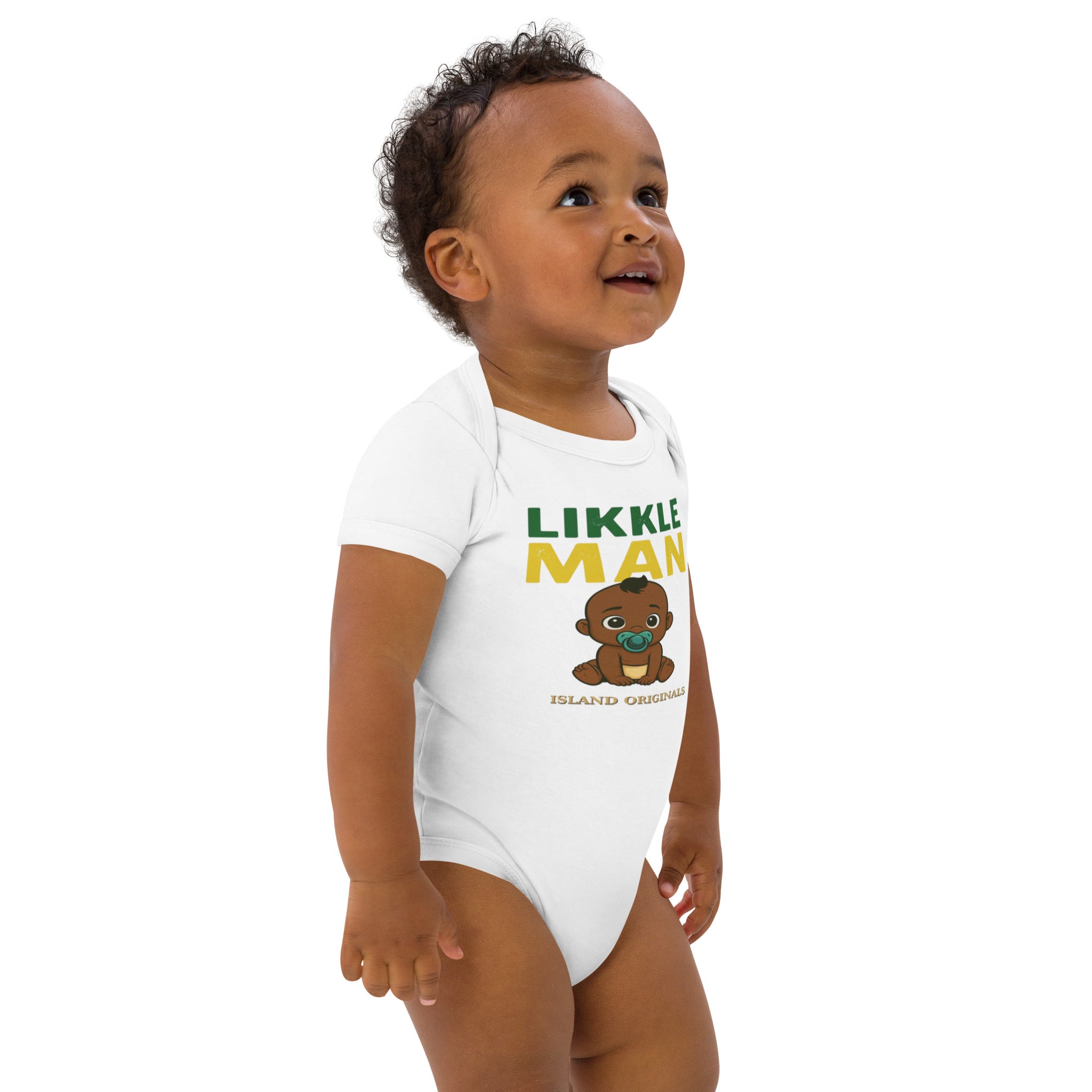 Baby wearing a white onesie with 'LIKkle Man' print on a white background