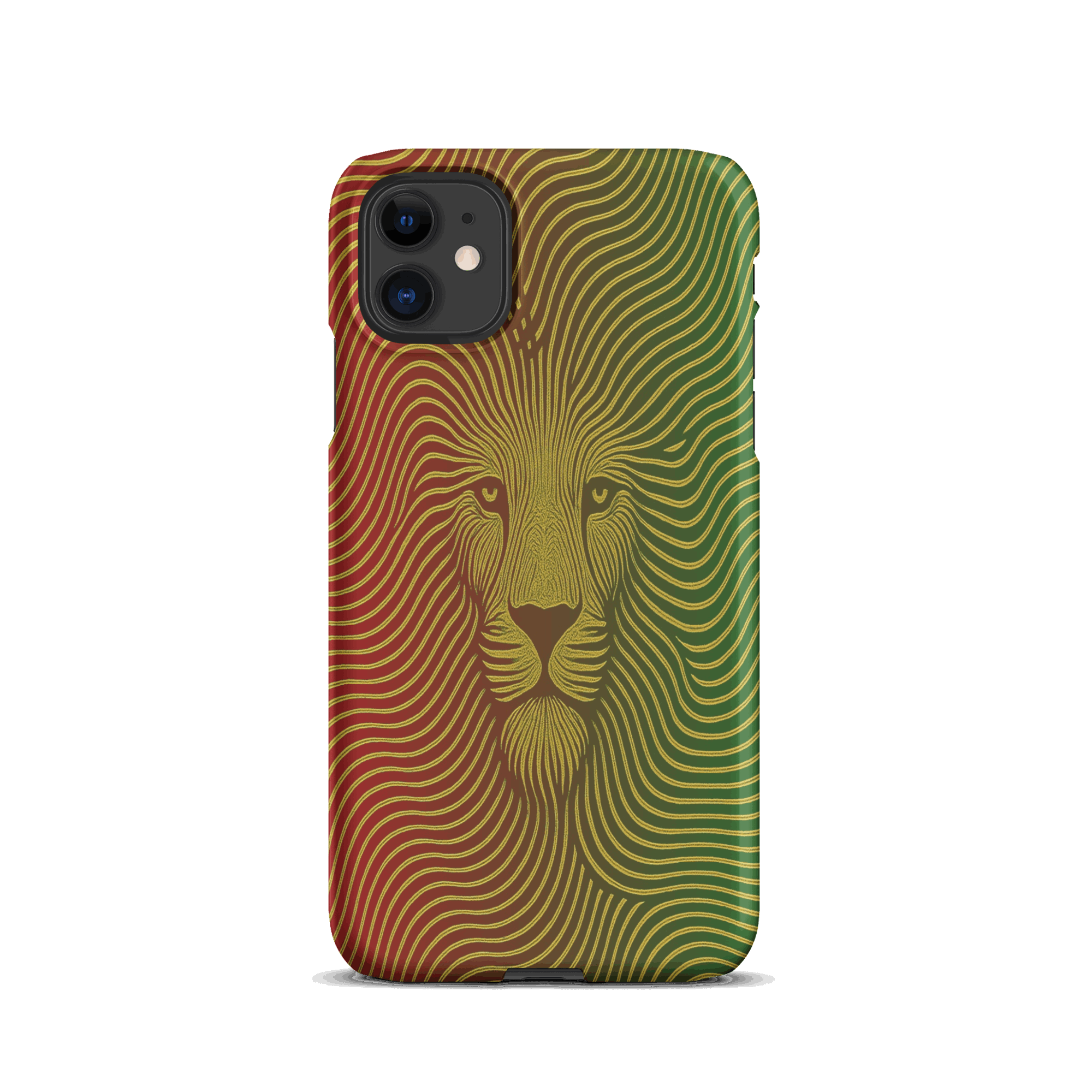 Phone case with a lion design in red and green on a white background