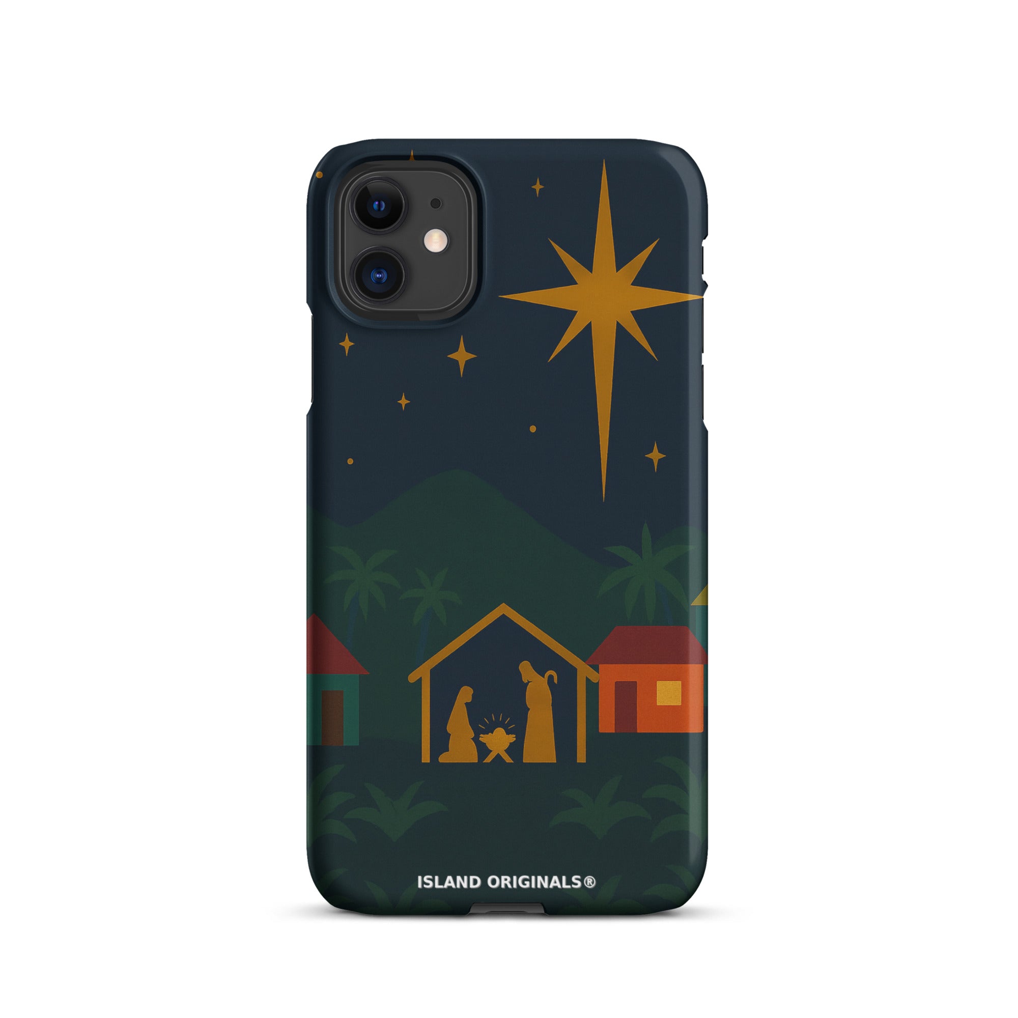 Phone case with nativity scene design on a dark blue background