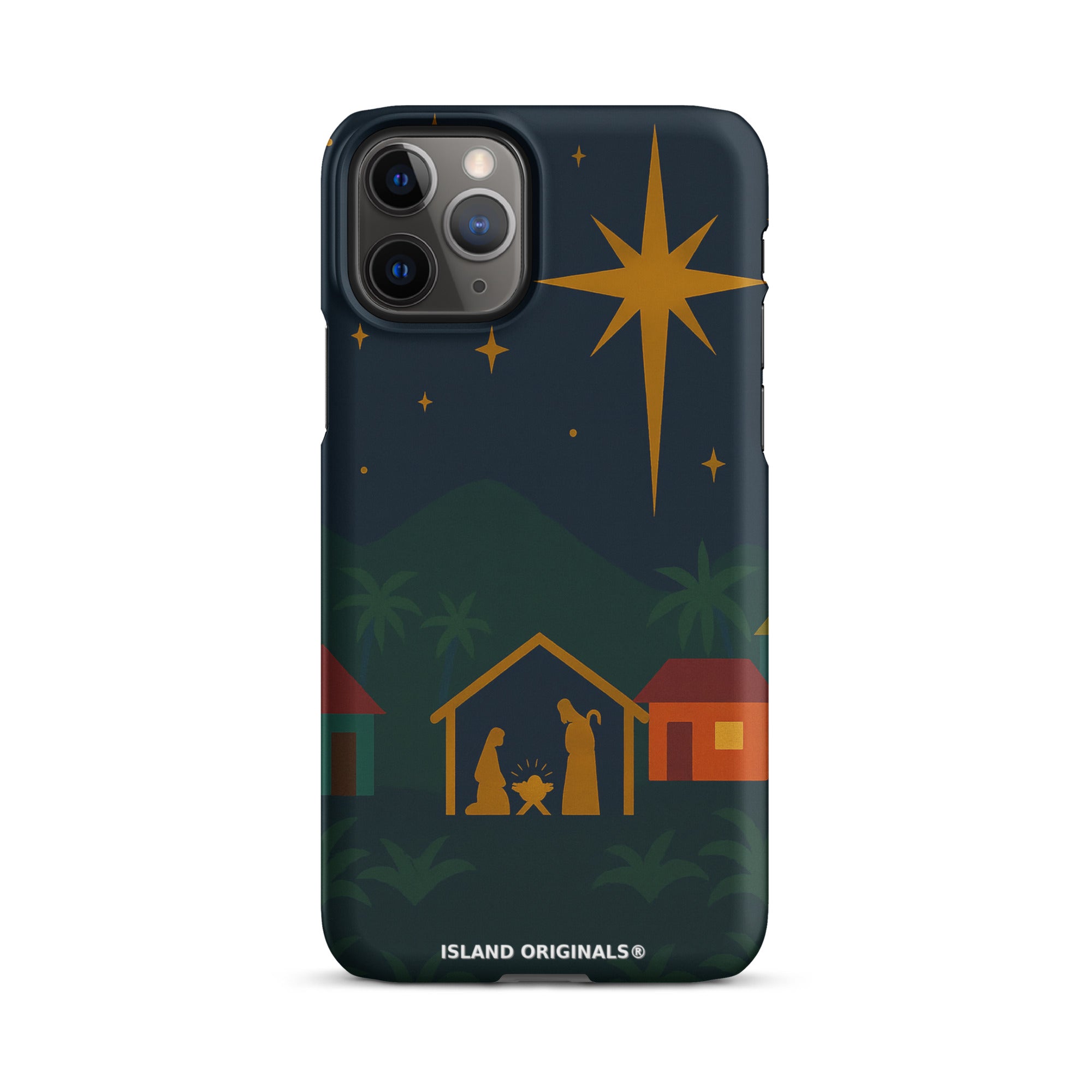 Phone case with nativity scene design and 'Island Originals' branding on a dark background